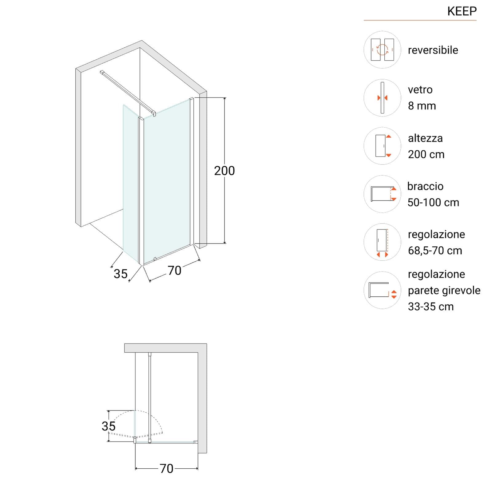 Box doccia Walk In 70 cm in vetro temperato fumè anticalcare con anta girevole 35 cm - Keep