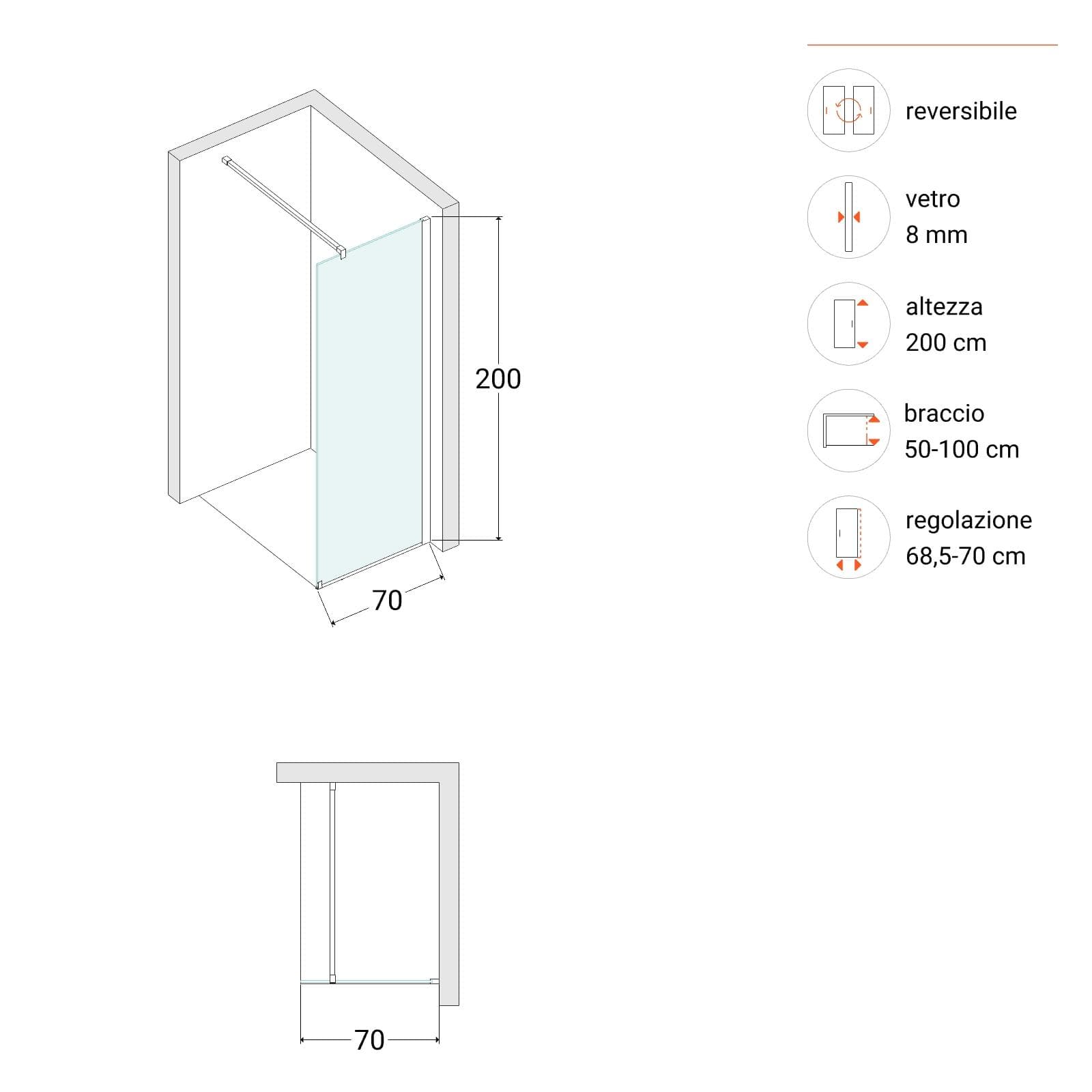 Box doccia Walk in 70 cm vetro 8 mm anticalcare trasparente e profilo bronzo 200h - Keep