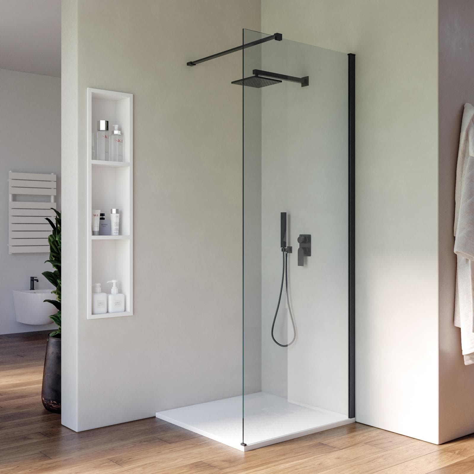 Box doccia Walk in 70 cm vetro 8 mm anticalcare trasparente e profilo nero spazzolato 200h - Keep