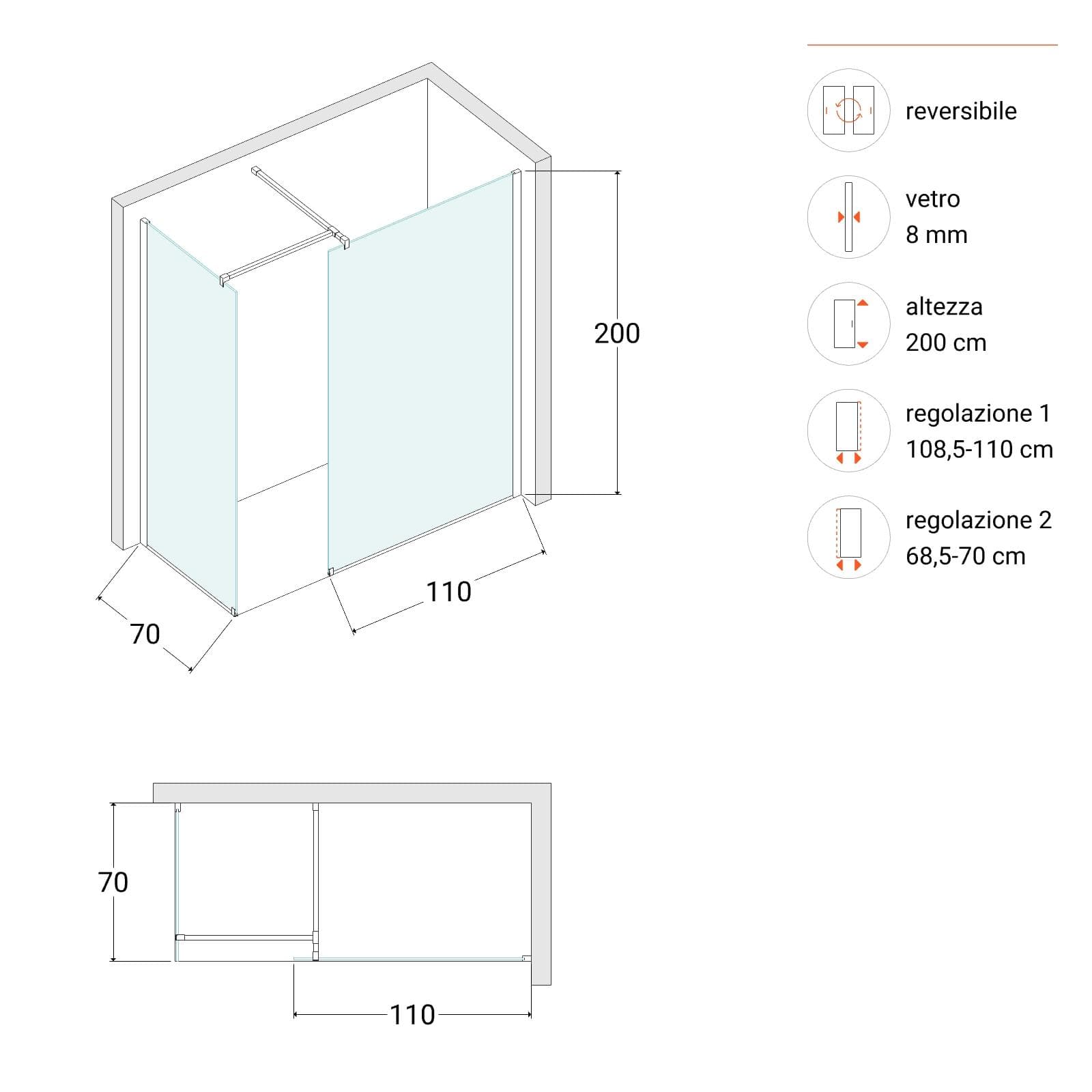 Box doccia walk-in 70x110 con vetro anticalcare trasparente e profilo cromo 200h - Keep