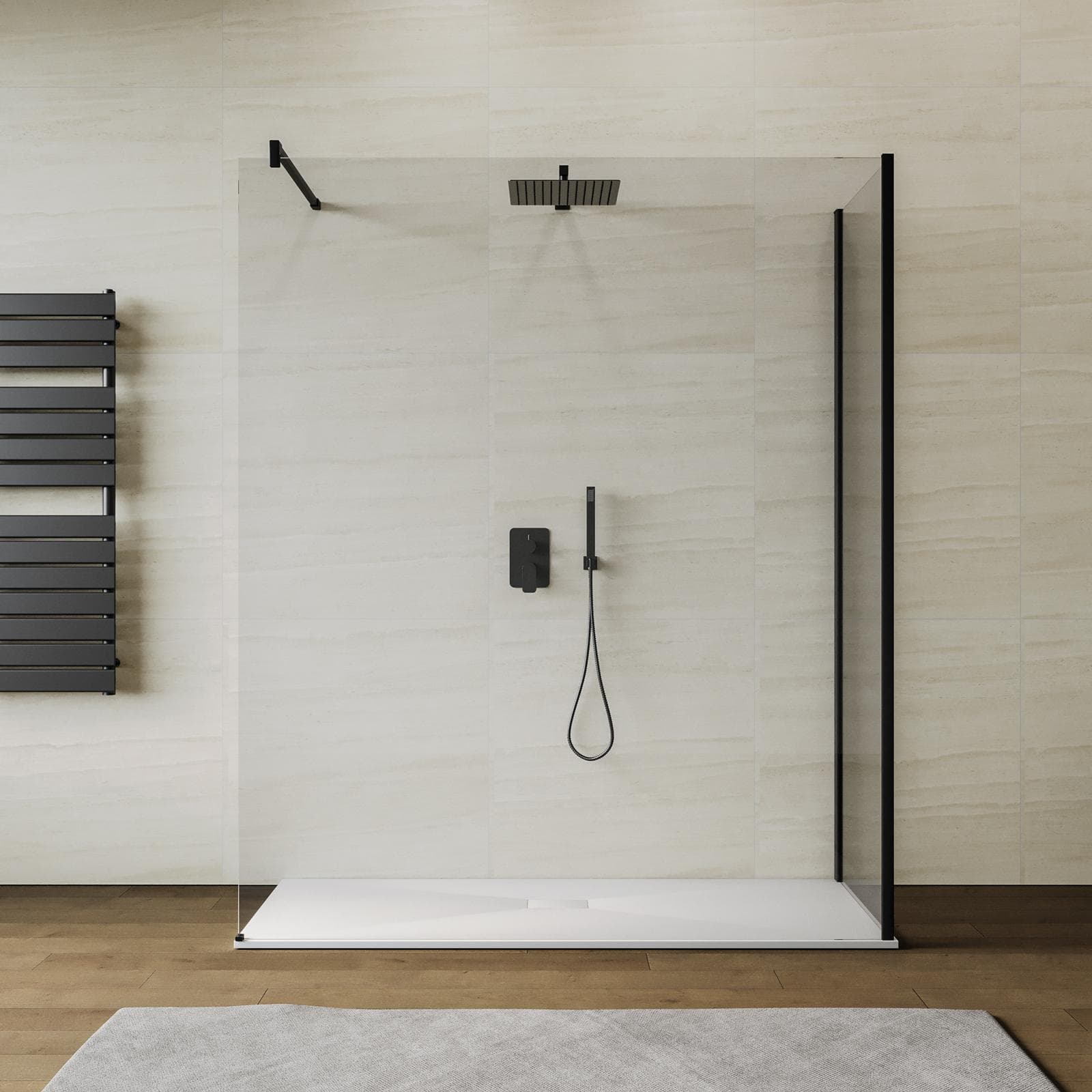Box doccia walk-in 70x170 cm angolare con vetro trasparente e profilo nero 200h - Keep