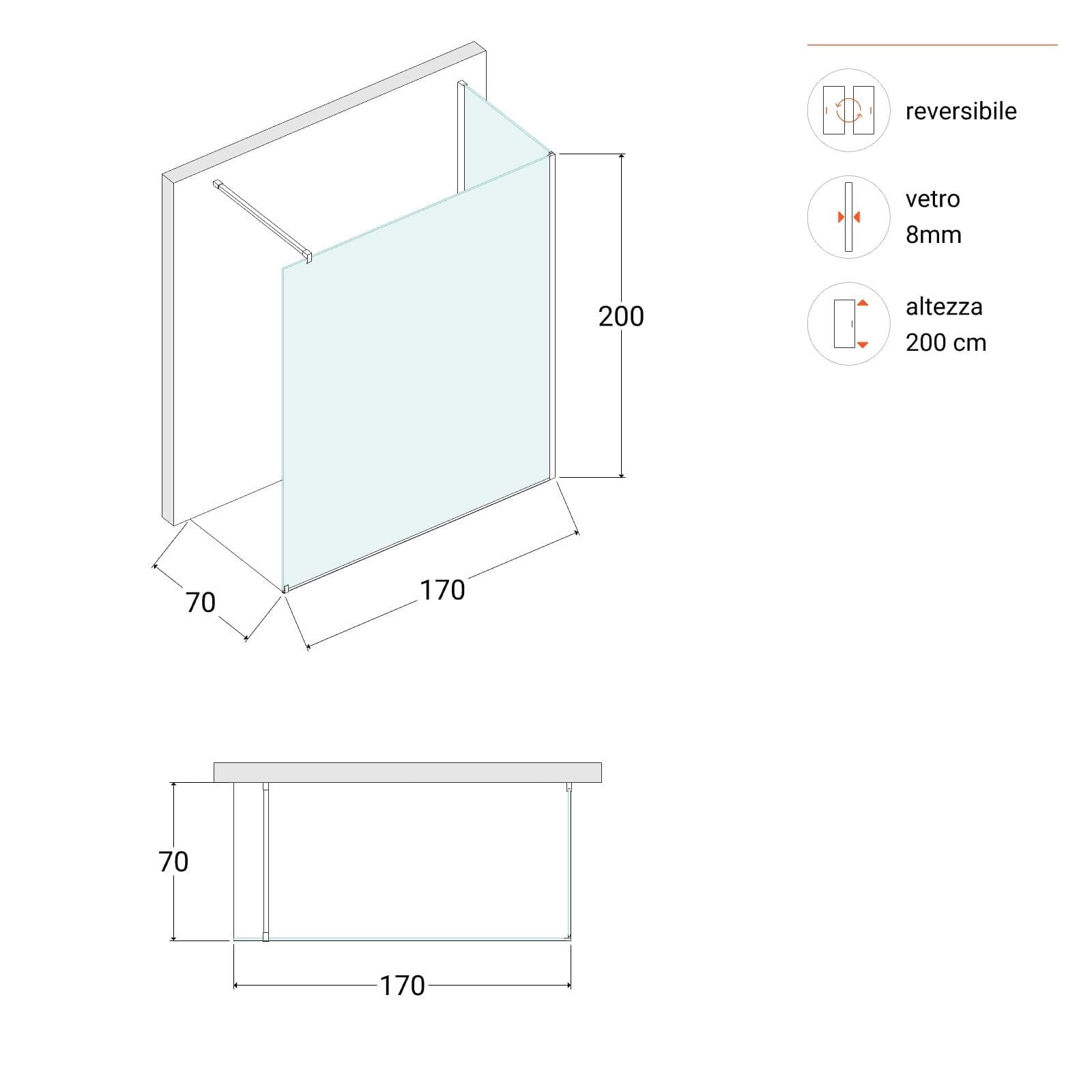 Box doccia walk-in 70x170 cm angolare con vetro trasparente e profilo nero 200h - Keep
