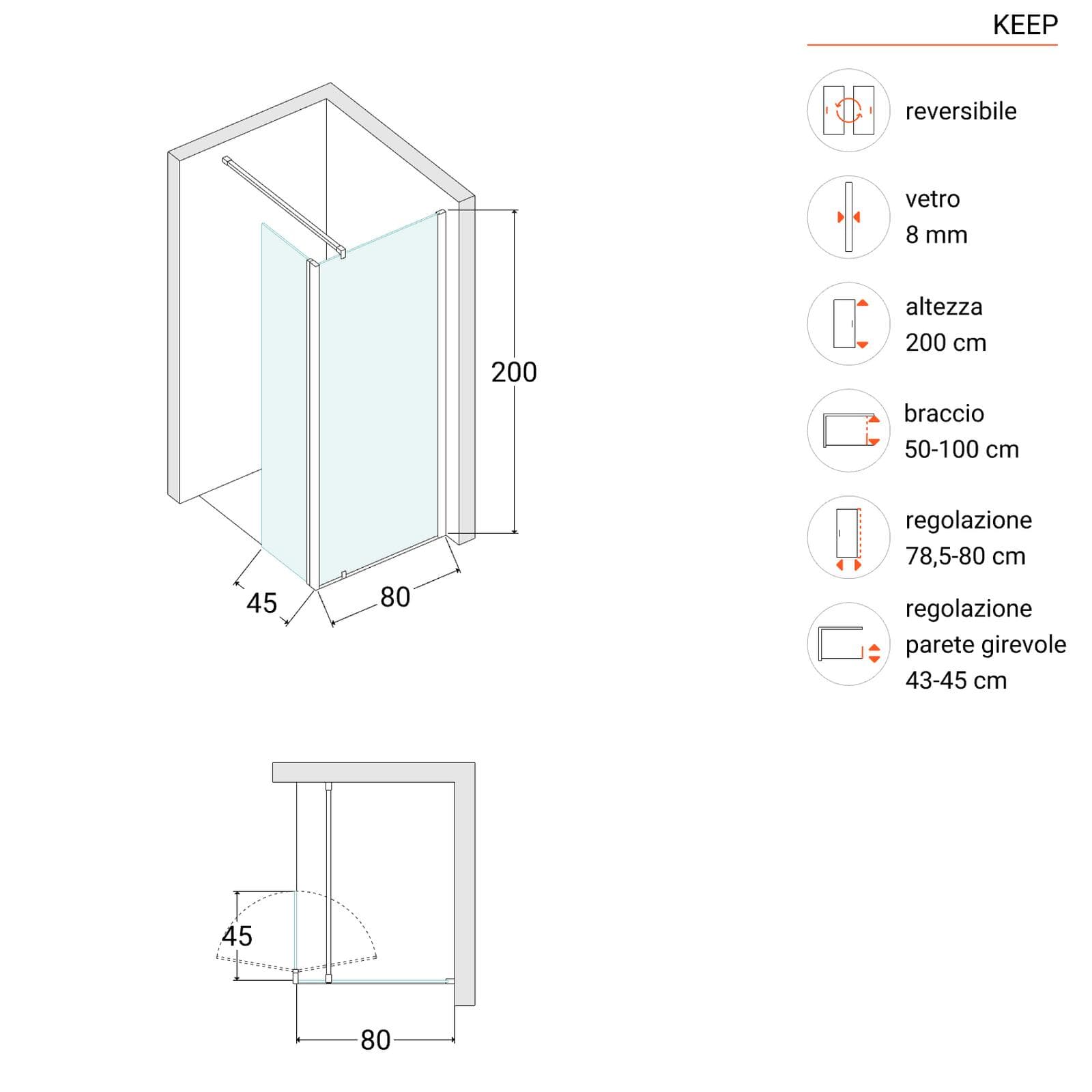 Box doccia Walk In 80 cm con anta girevole 45 cm in vetro temperato fumè anticalcare - Keep
