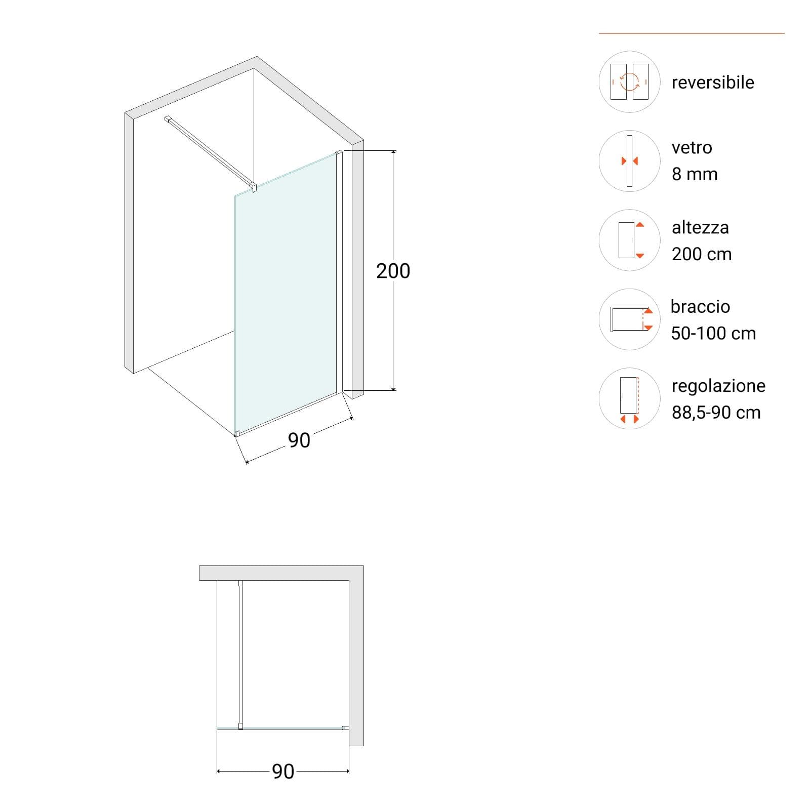 Box doccia Walk in 90 cm vetro 8 mm anticalcare trasparente e profilo oro 200h - Keep