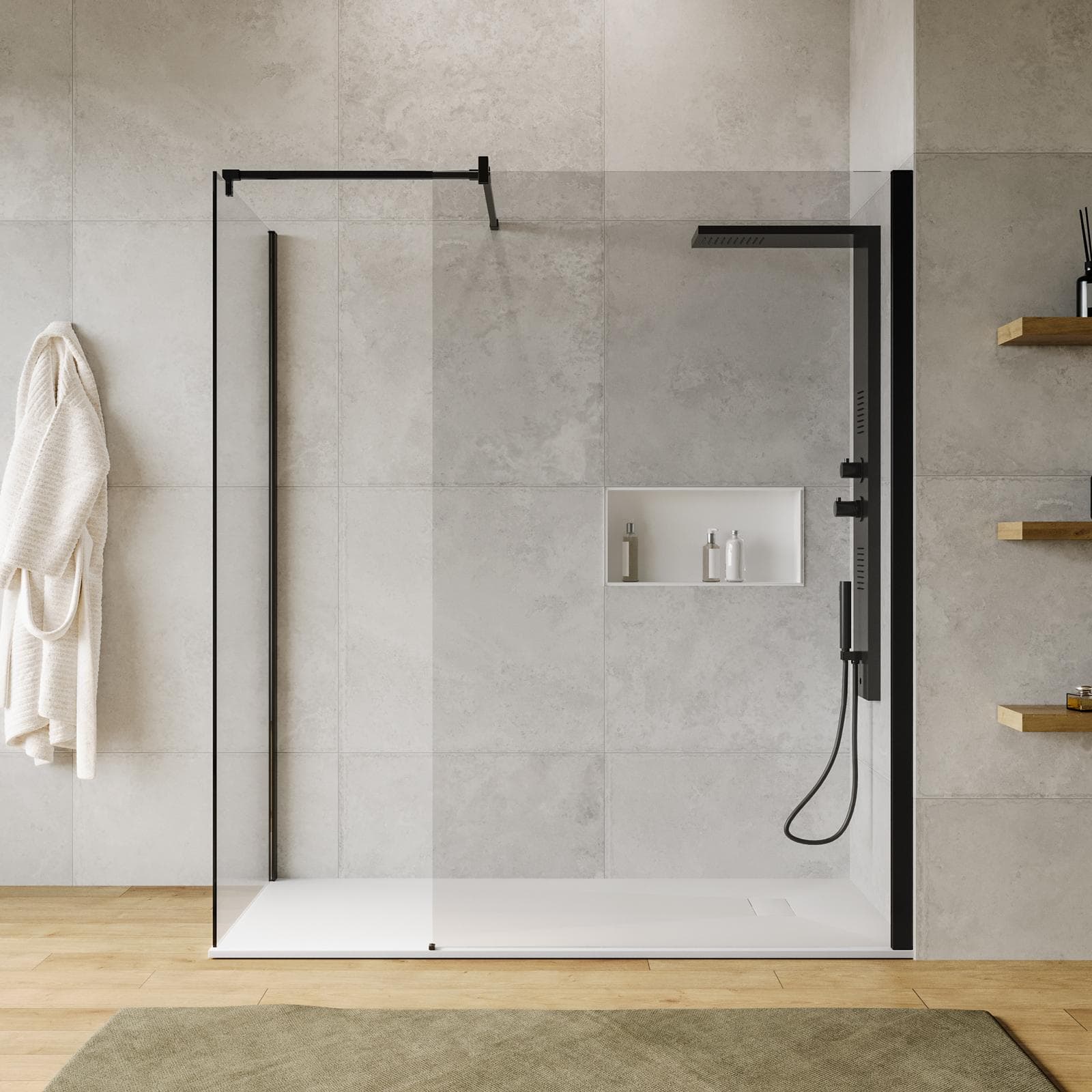 Box doccia walk-in due lati 90x120 con vetro anticalcare trasparente e profilo nero opaco 200h - Keep