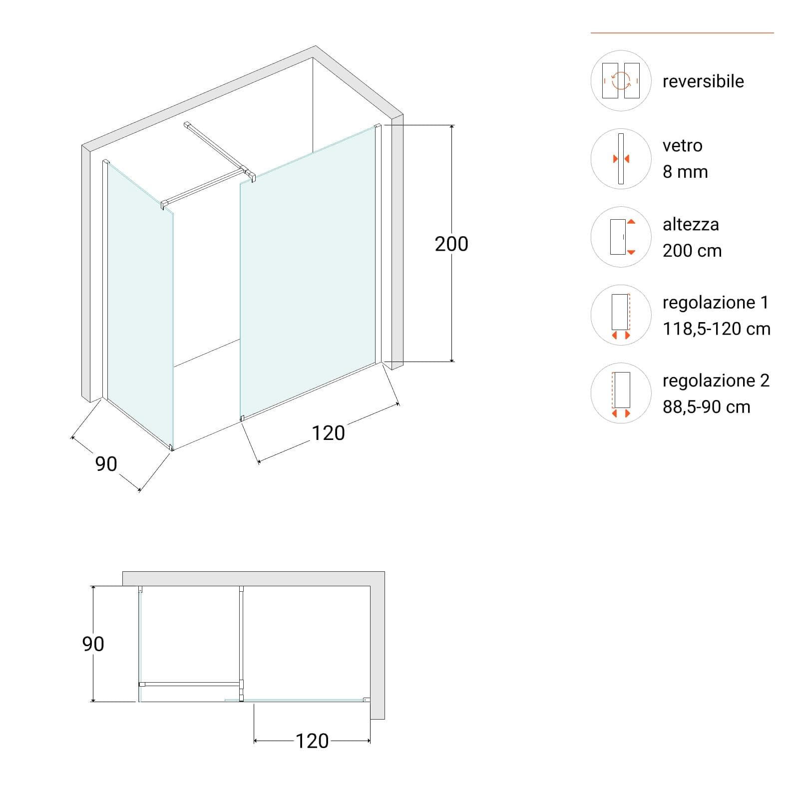 Box doccia walk-in due lati 90x120 con vetro anticalcare trasparente e profilo nero opaco 200h - Keep