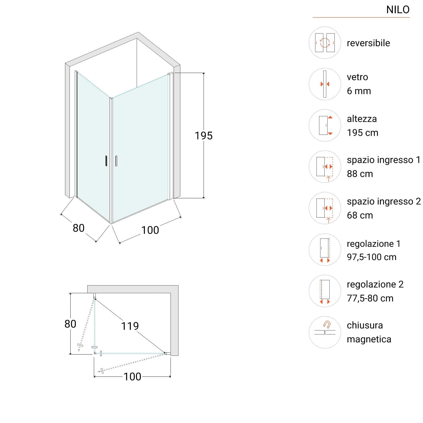 Box doccia 80x100 cm doppio battente con vetro temperato trasparente e profilo cromo 195h - Nilo