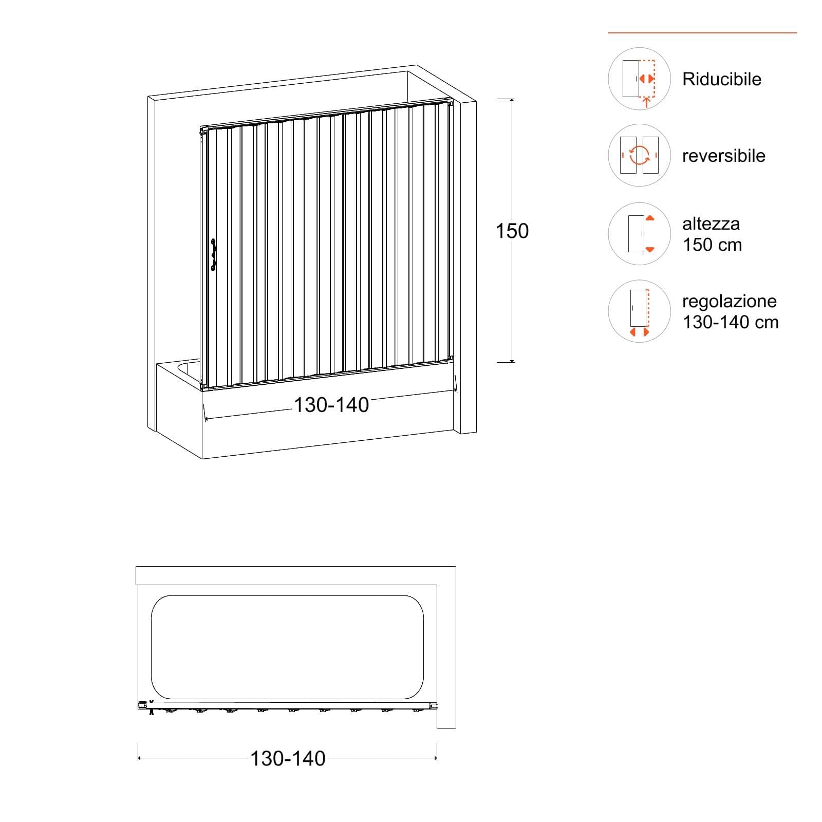 Box sopravasca parete da 140 cm e apertura laterale a soffietto in acrilico