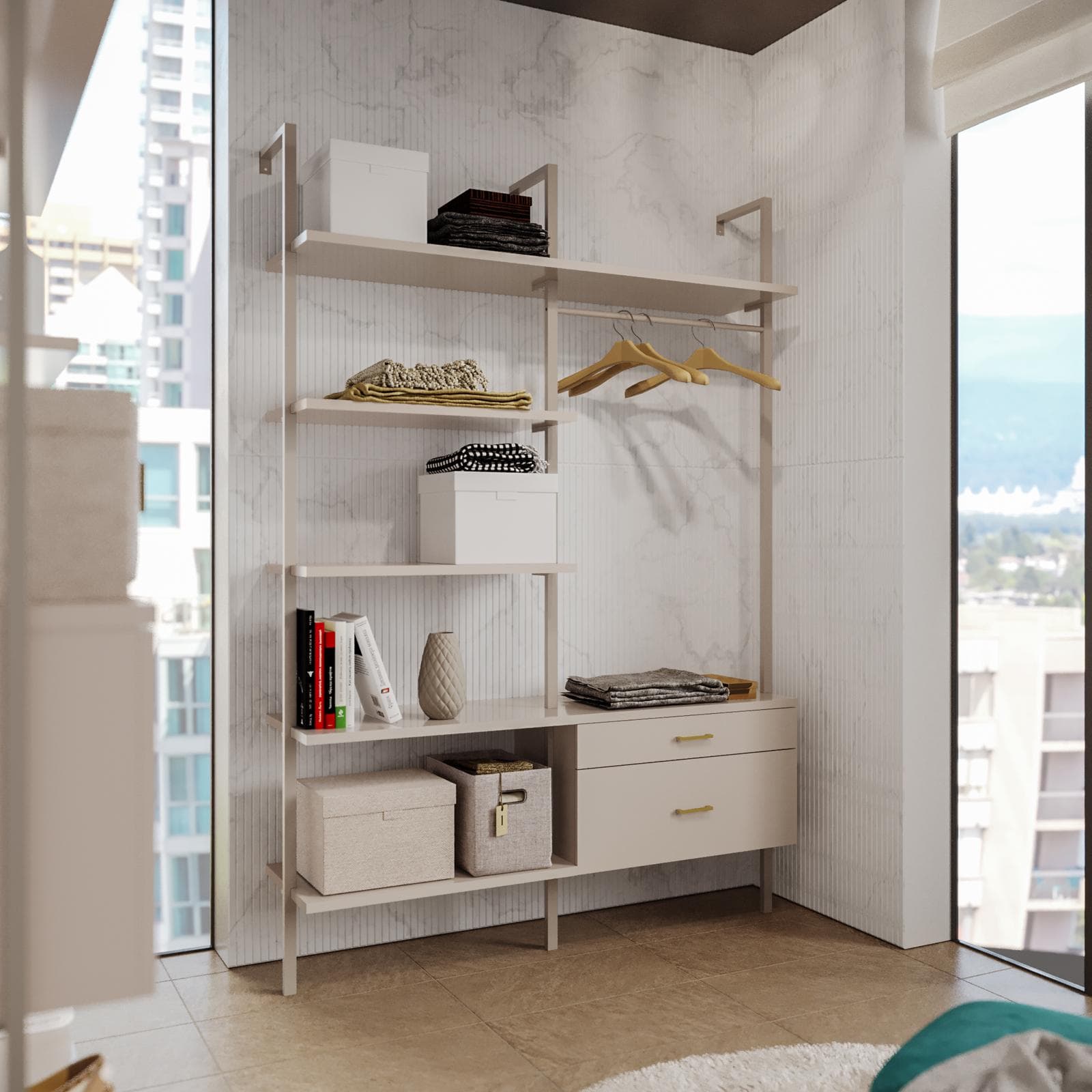 Cabina armadio 149x216h cm con mensole e 2 cassetti con soft close cashmere e dettagli oro opaco - Kreativo