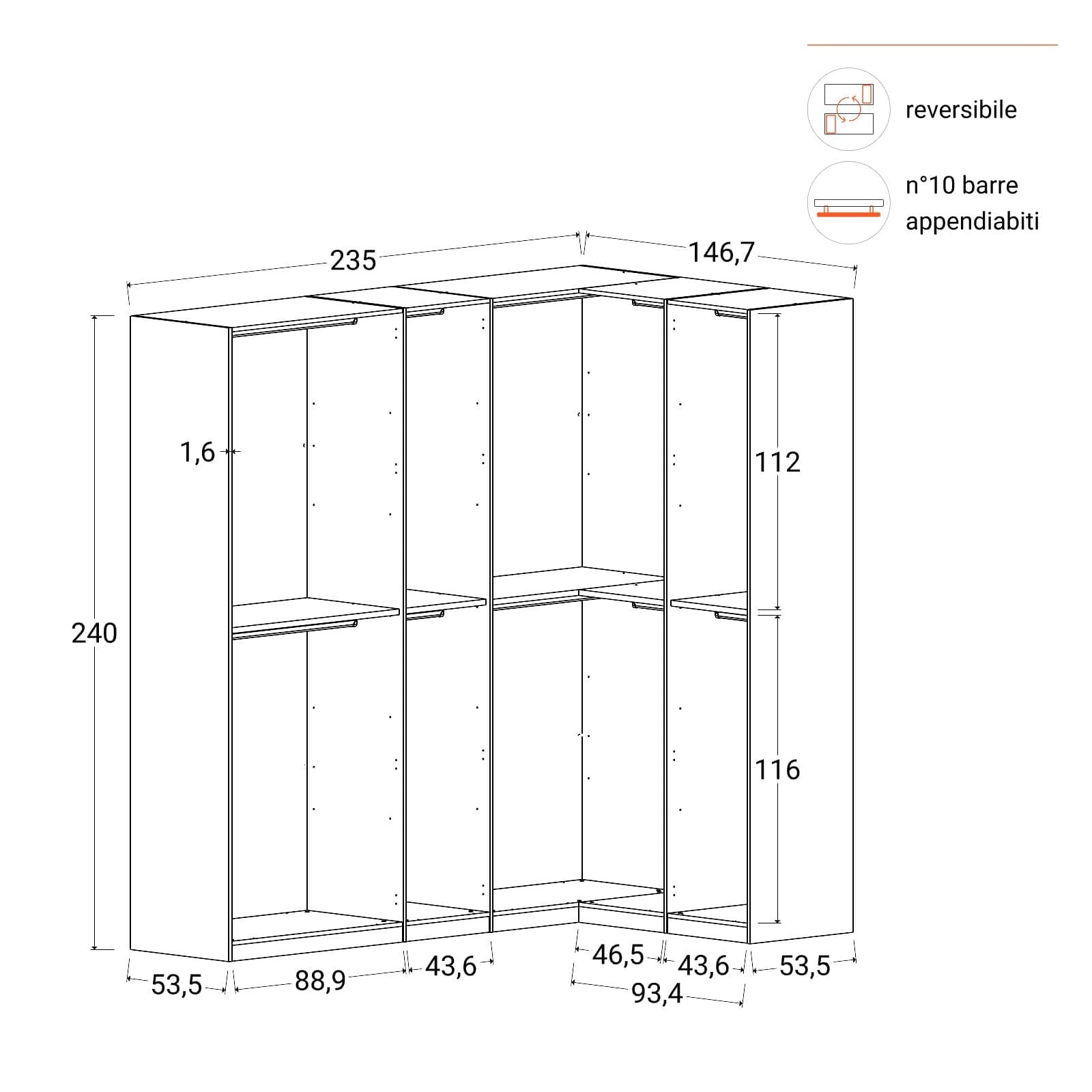 Cabina armadio modulare 235x240h cm bianco lucido - Carrie