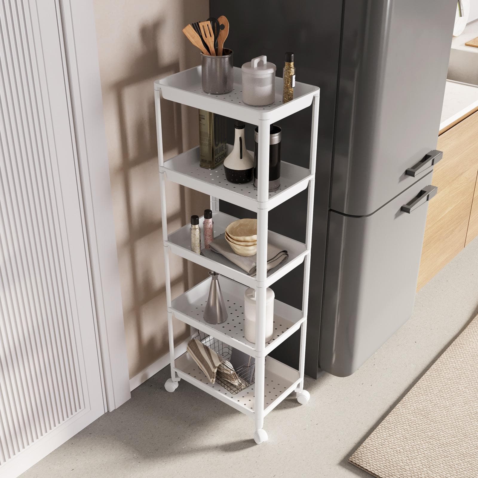 Carrello portaoggetti 44x128h cm bianco con 5 ripiani - Mayi