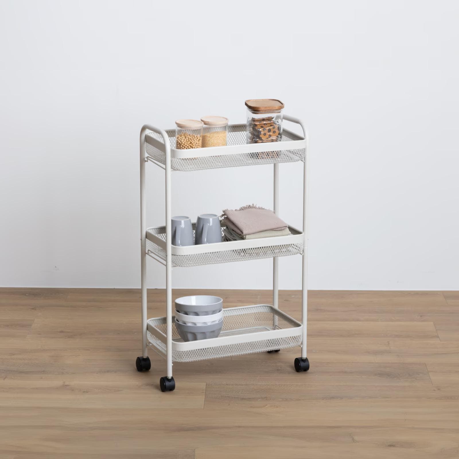 Carrello salvaspazio 46x79h cm in metallo argilla con freni a 3 ripiani