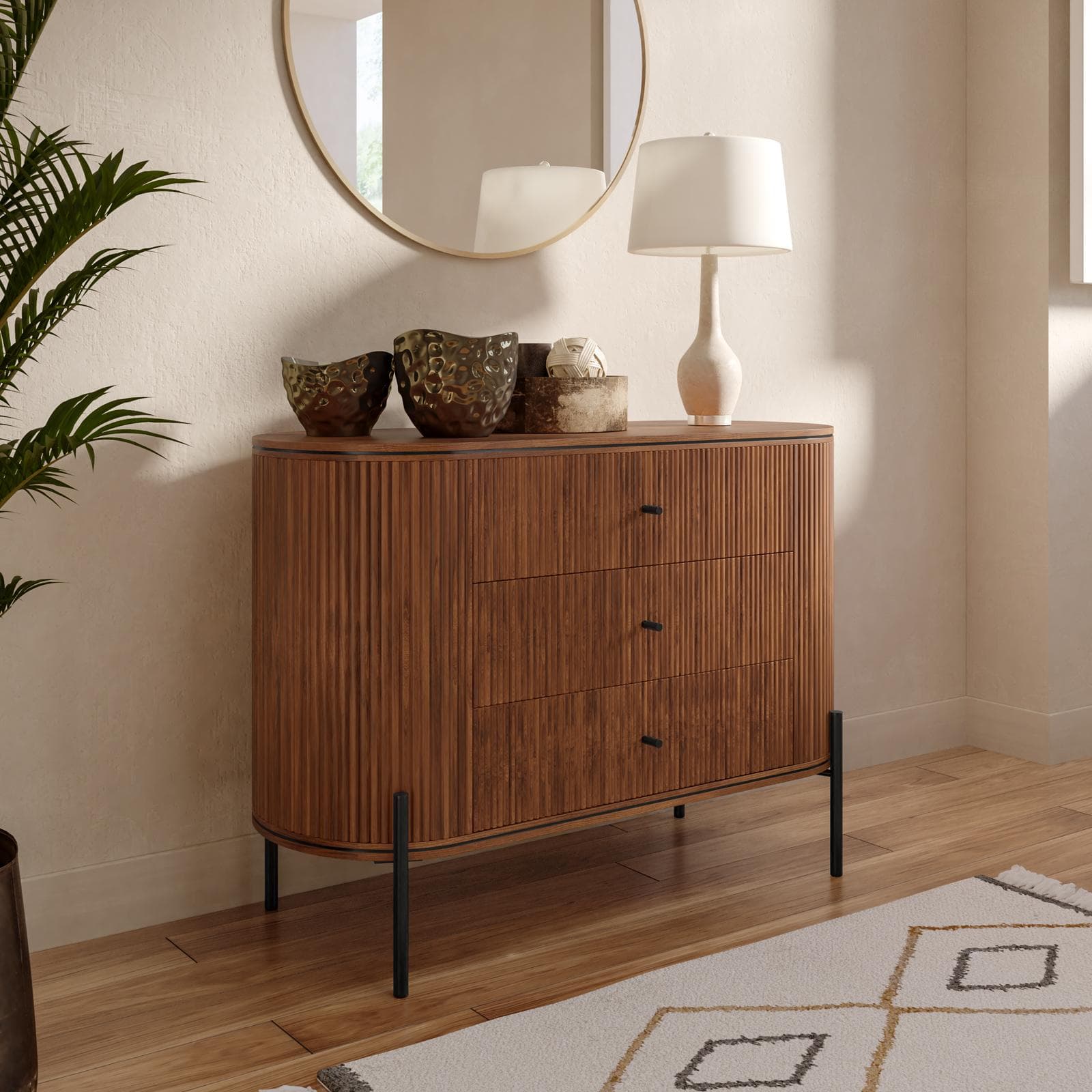 Cassettiera 110x80h cm in legno di mango scuro cannettato con 3 cassetti - Breton