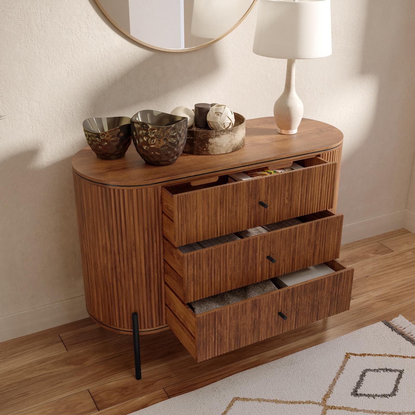 Cassettiera 110x80h cm in legno di mango scuro cannettato con 3 cassetti - Breton