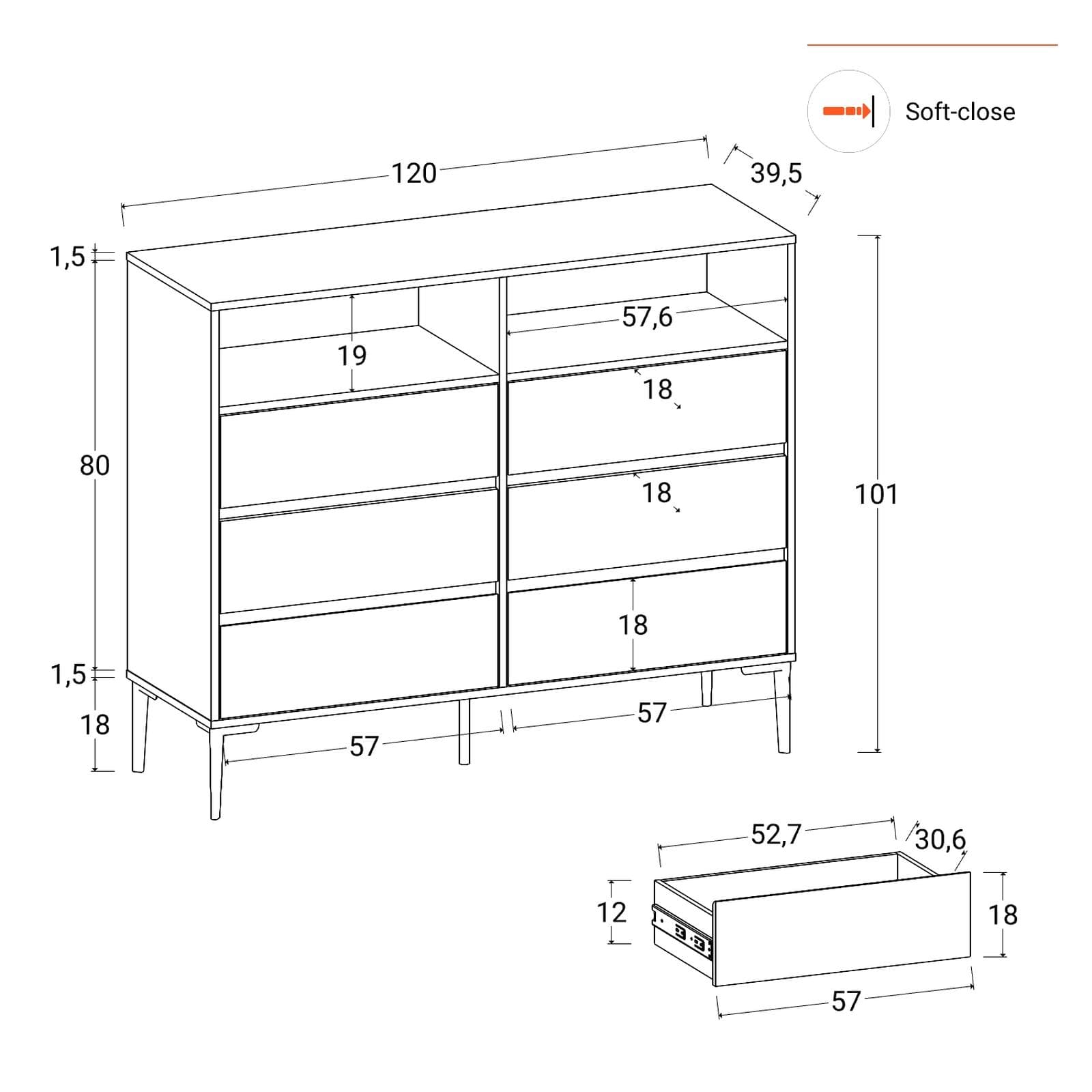 Cassettiera 120x100h cm con 6 cassetti soft close antracite e piedi nero opaco - Kreativo