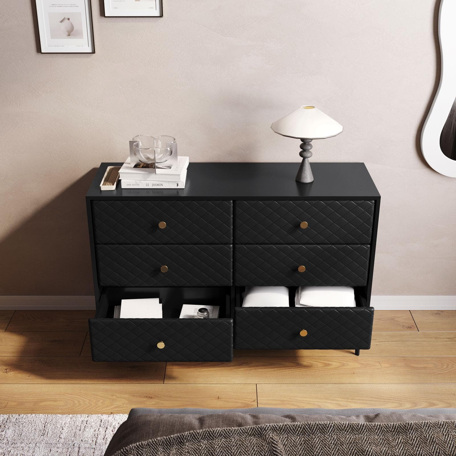 Cassettiera 120x80h cm nero opaco e similpelle con 6 cassetti - Zimma