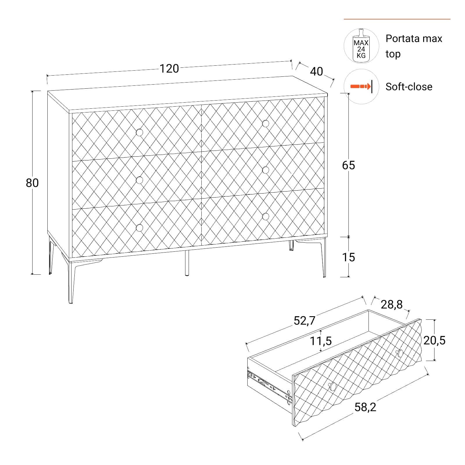 Cassettiera 120x80h cm nero opaco e similpelle con 6 cassetti - Zimma