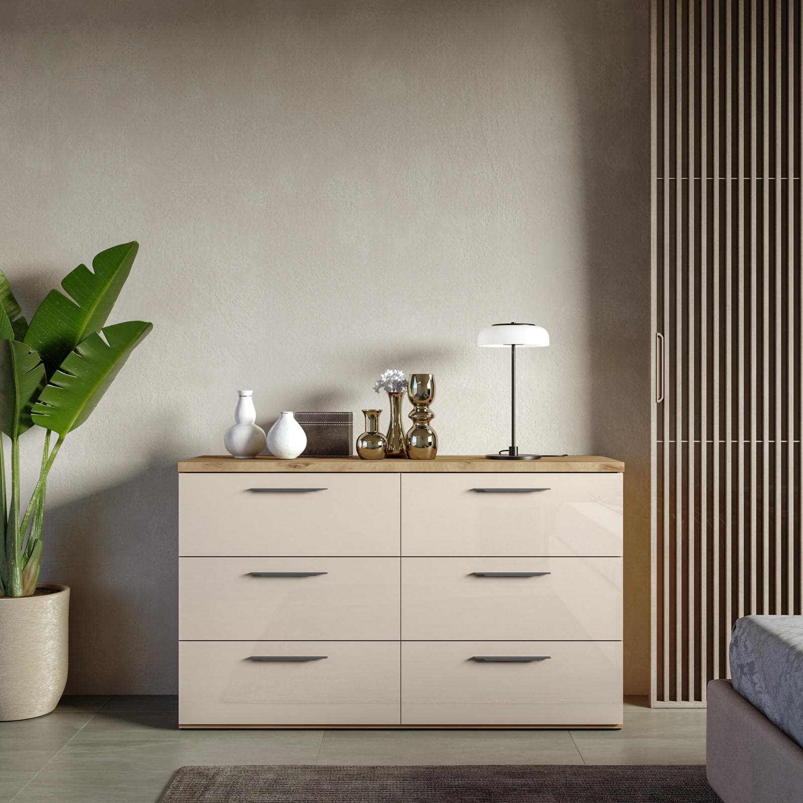 Cassettiera 136x83h cm cashmere lucido e rovere artisan con 6 cassetti - Sandalf