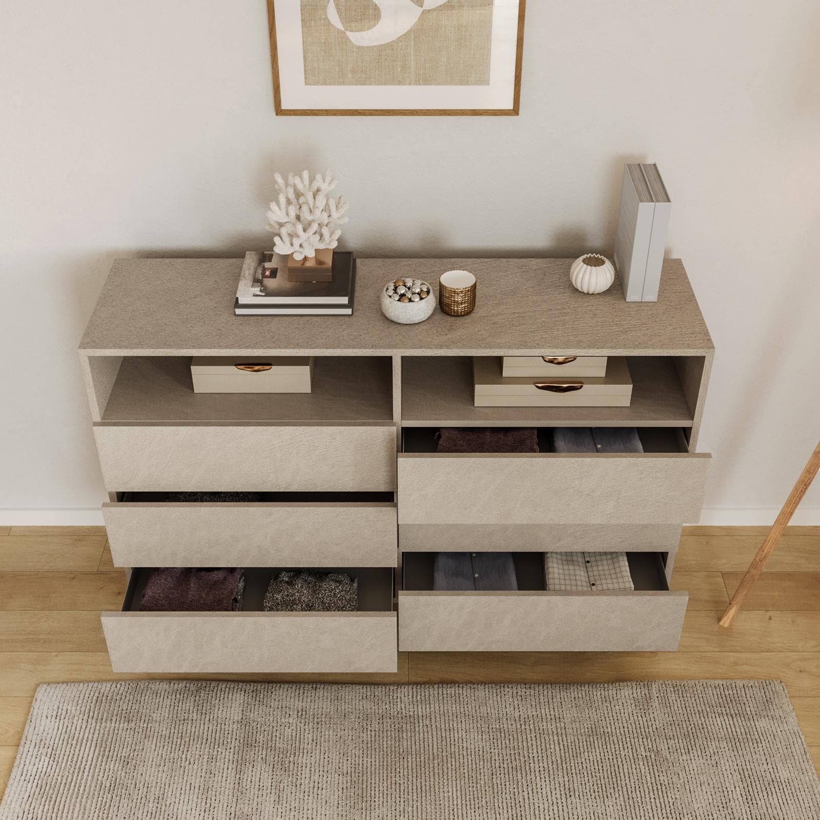 Cassettiera 140x95h cm argilla con 6 cassetti soft close piedi in metallo oro - Judith