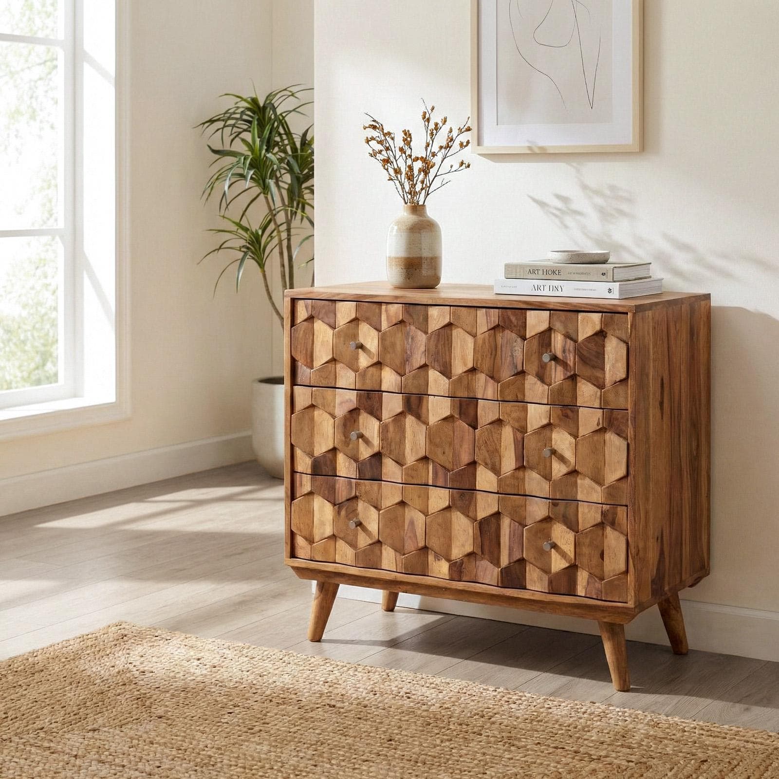 Cassettiera 88x77h cm in legno con 3 cassetti - Freia Sheesham