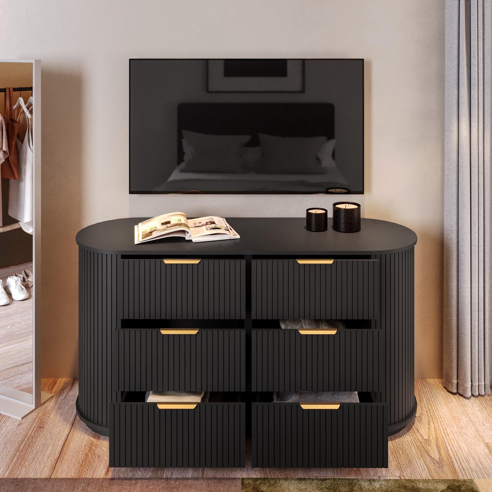 Cassettiera 148x77h cm nero cannettato con angoli stondati e 6 cassetti soft close - Phema