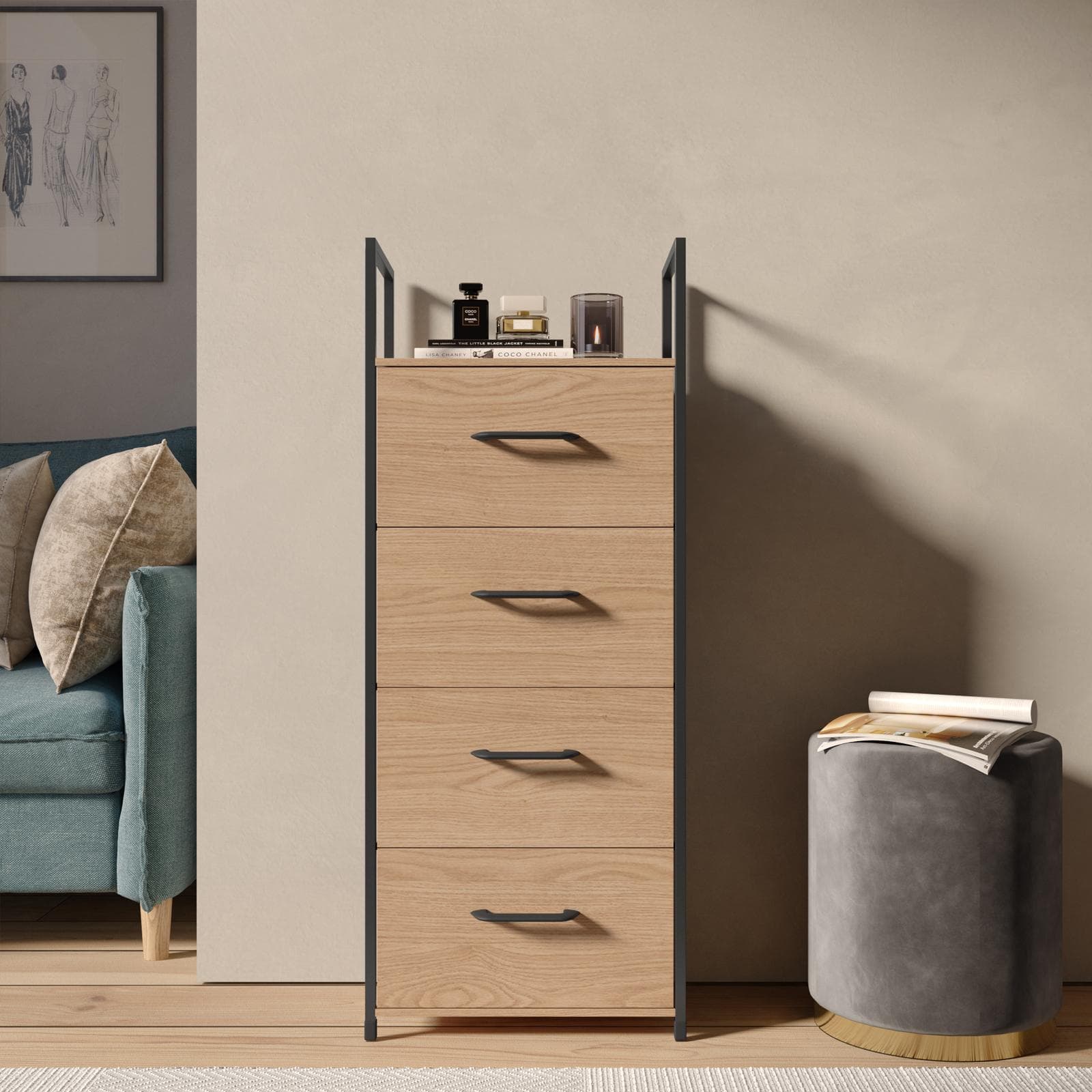 Cassettiera 40x100h cm effetto rovere selvatico con 4 cassetti in tessuto e struttura in acciaio nero - Nuevo