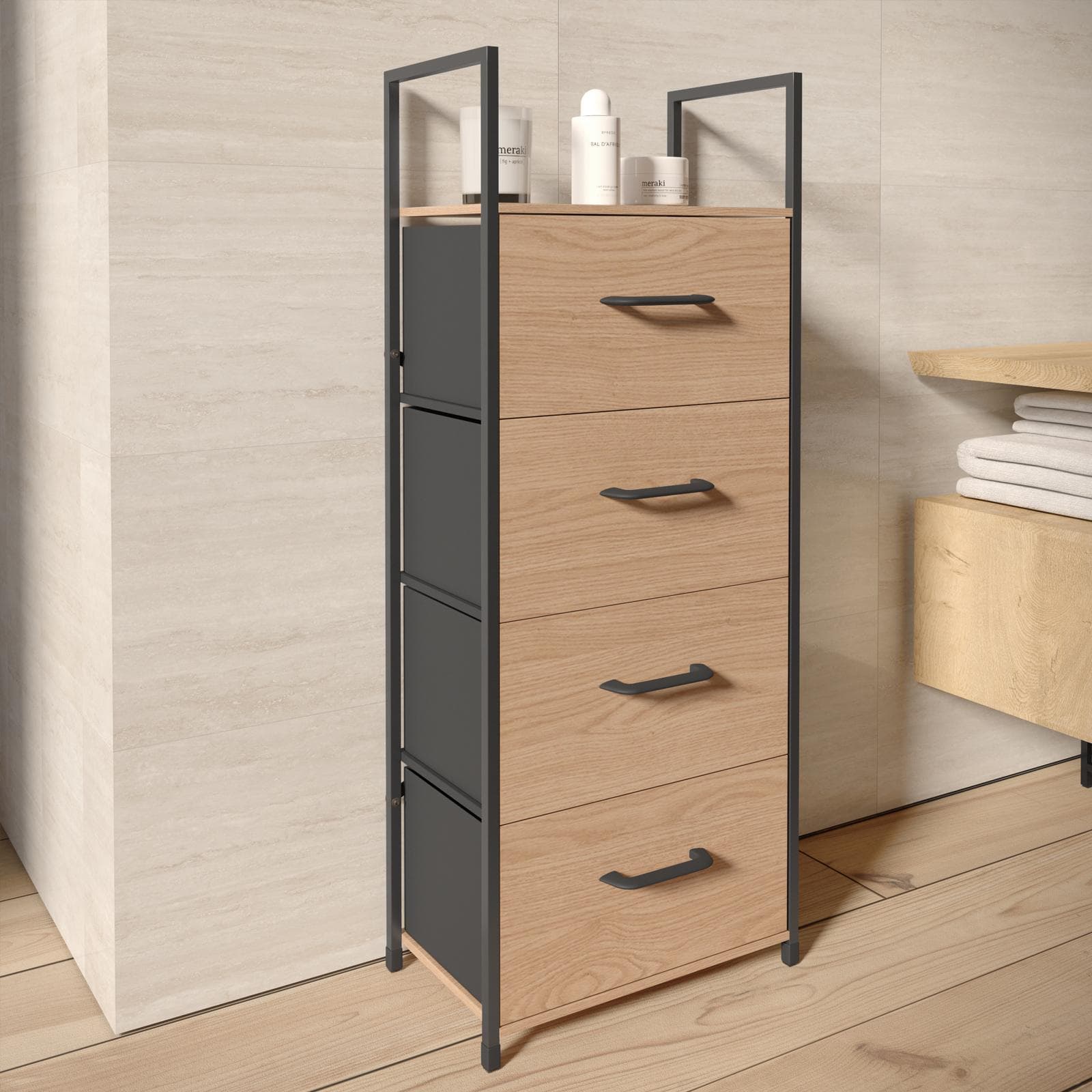 Cassettiera 40x100h cm effetto rovere selvatico con 4 cassetti in tessuto e struttura in acciaio nero - Nuevo