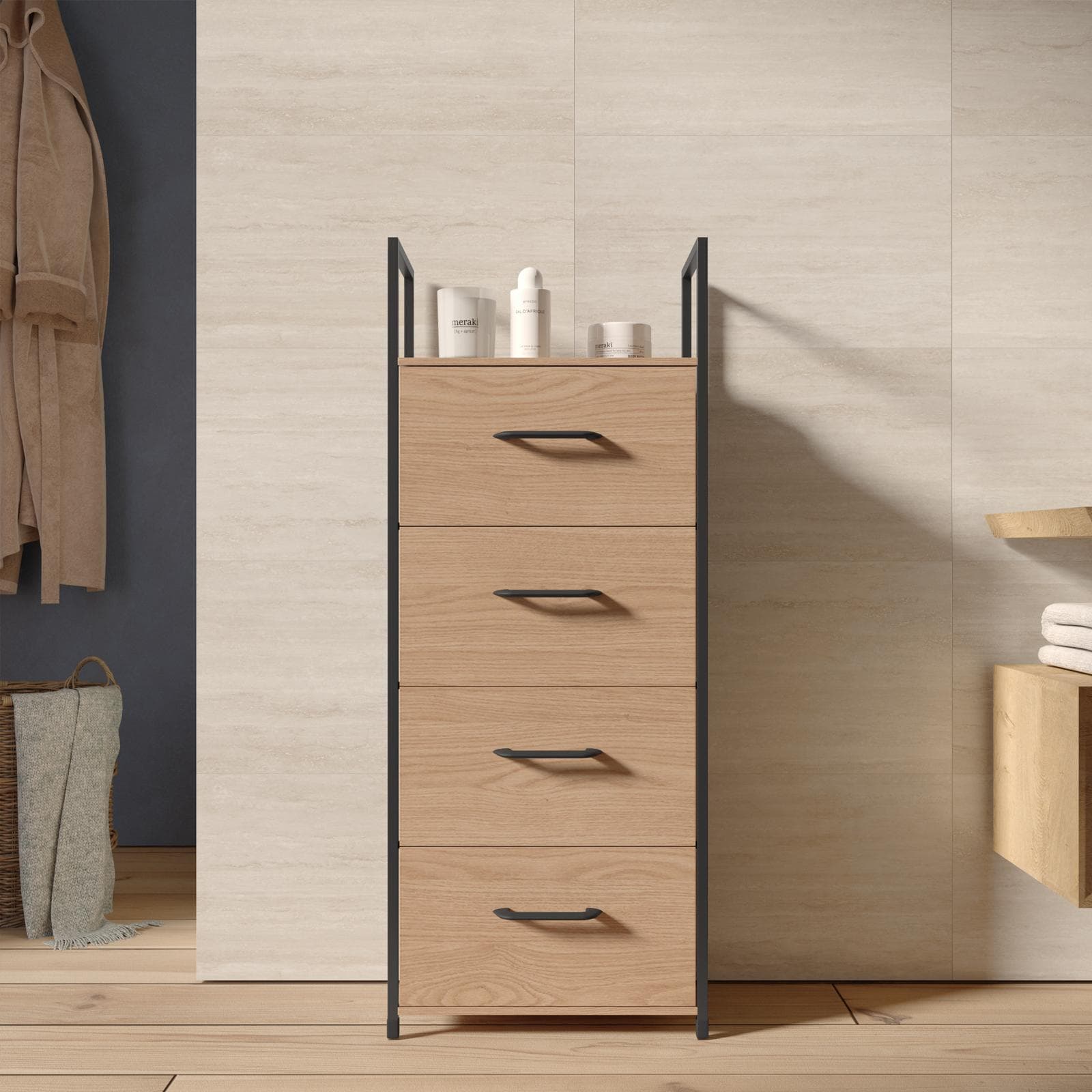 Cassettiera 40x100h cm effetto rovere selvatico con 4 cassetti in tessuto e struttura in acciaio nero - Nuevo
