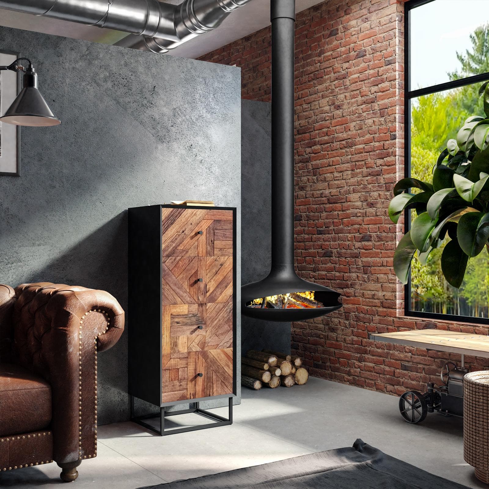 Cassettiera 45x115h cm in legno naturale effetto invecchiato e metallo nero - Desindos