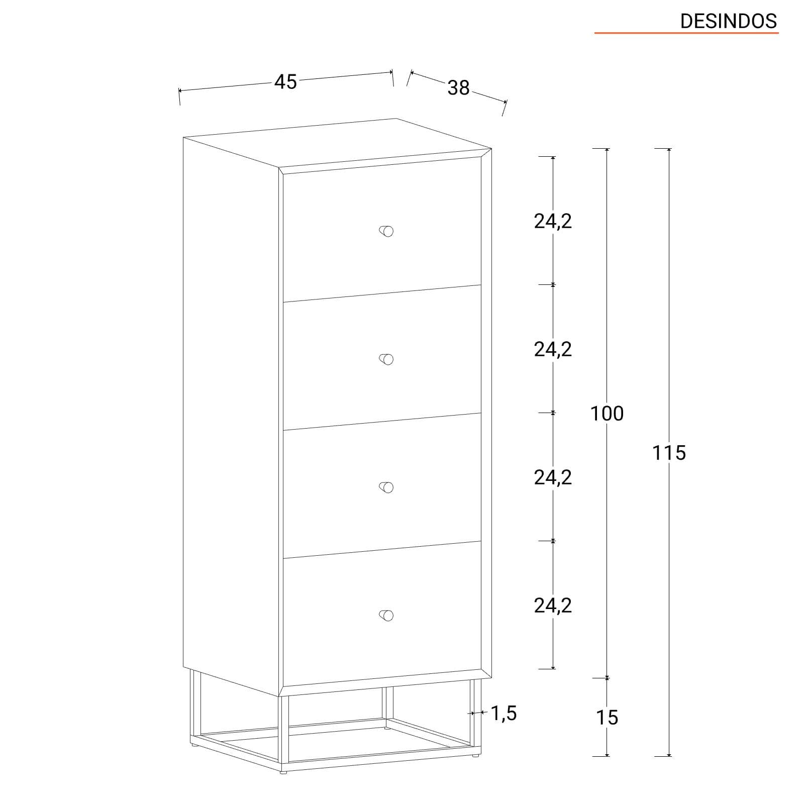 Cassettiera 45x115h cm in legno naturale effetto invecchiato e metallo nero - Desindos