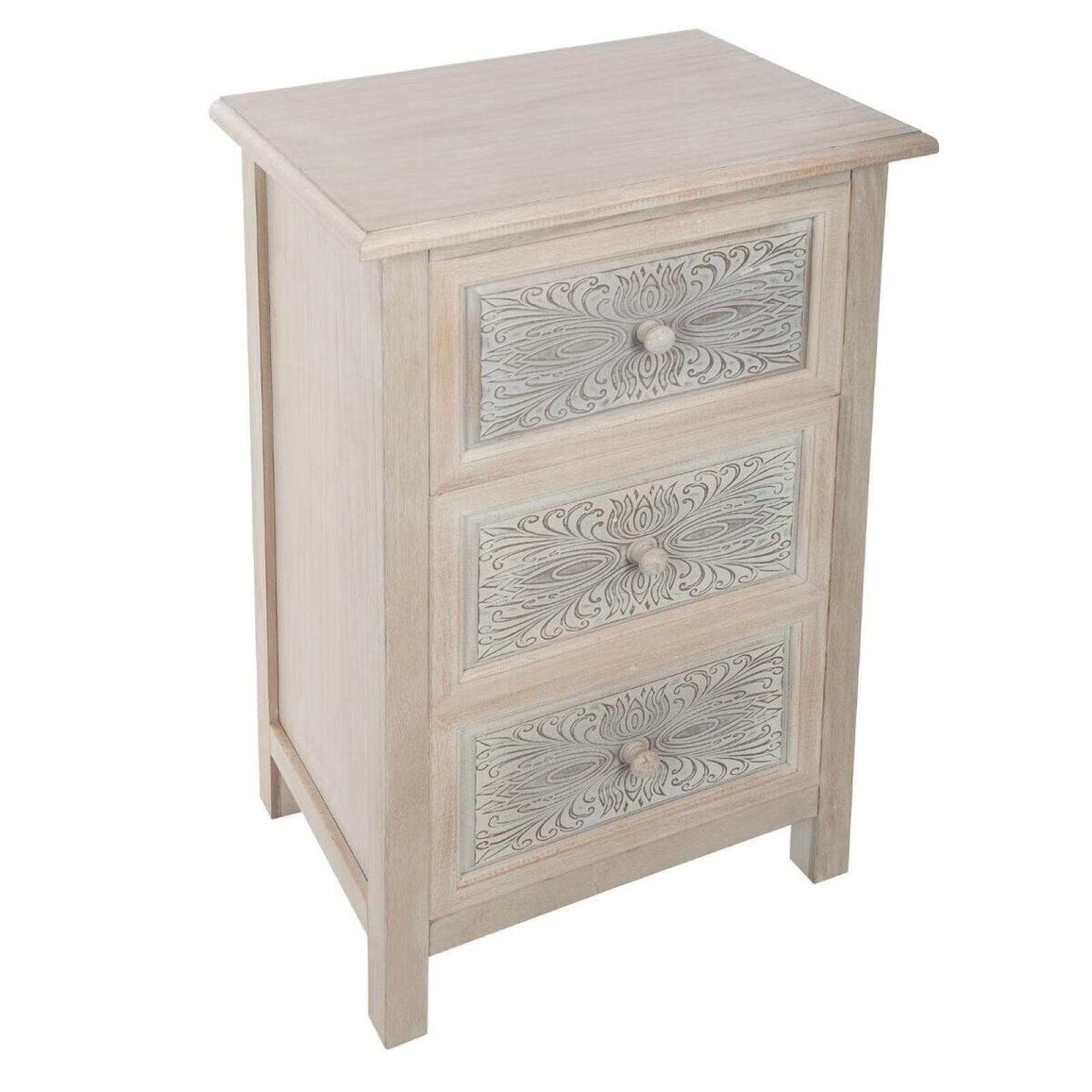 Cassettiera 48x80h cm in legno sbiancato con 3 cassetti decorati - Leandro
