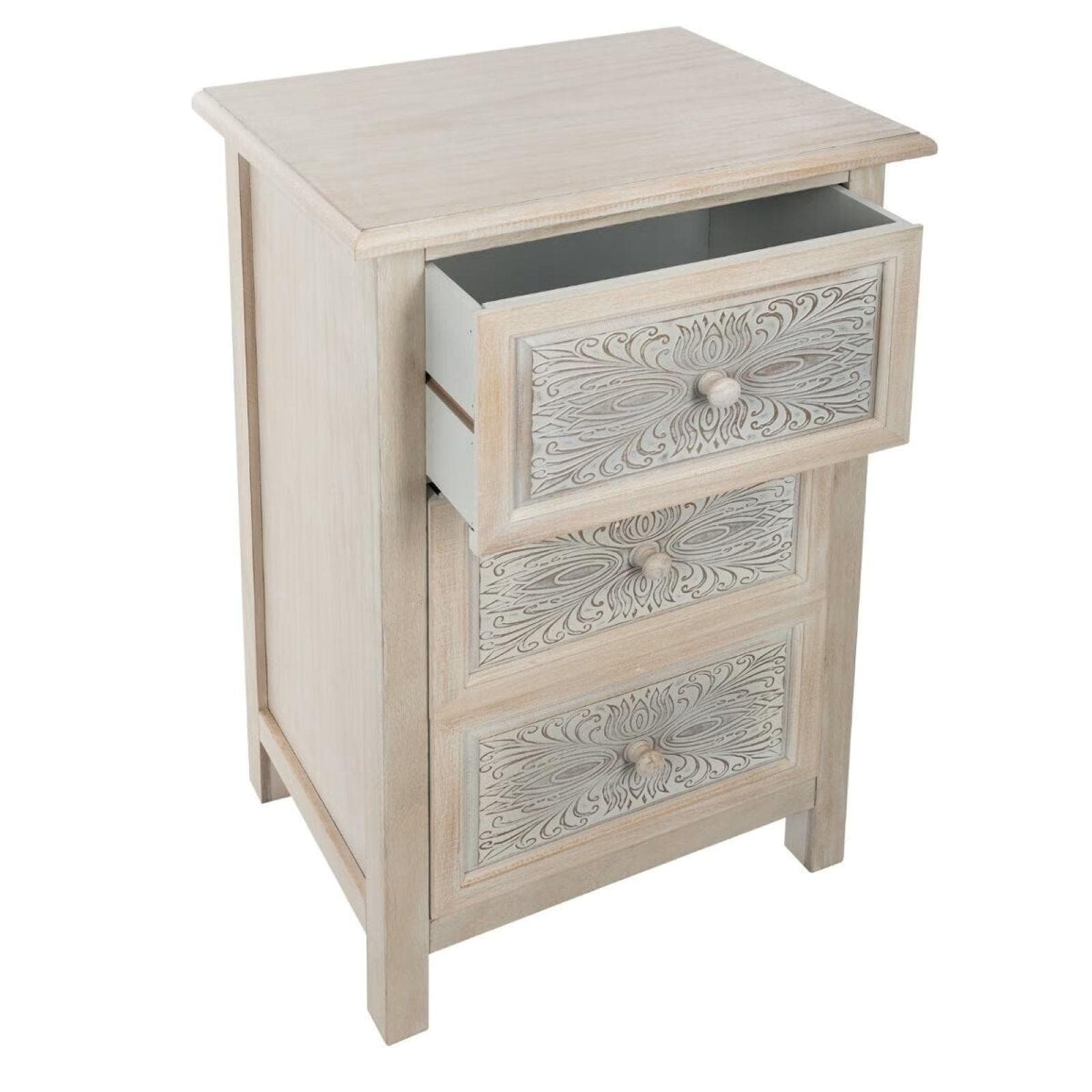 Cassettiera 48x80h cm in legno sbiancato con 3 cassetti decorati - Leandro