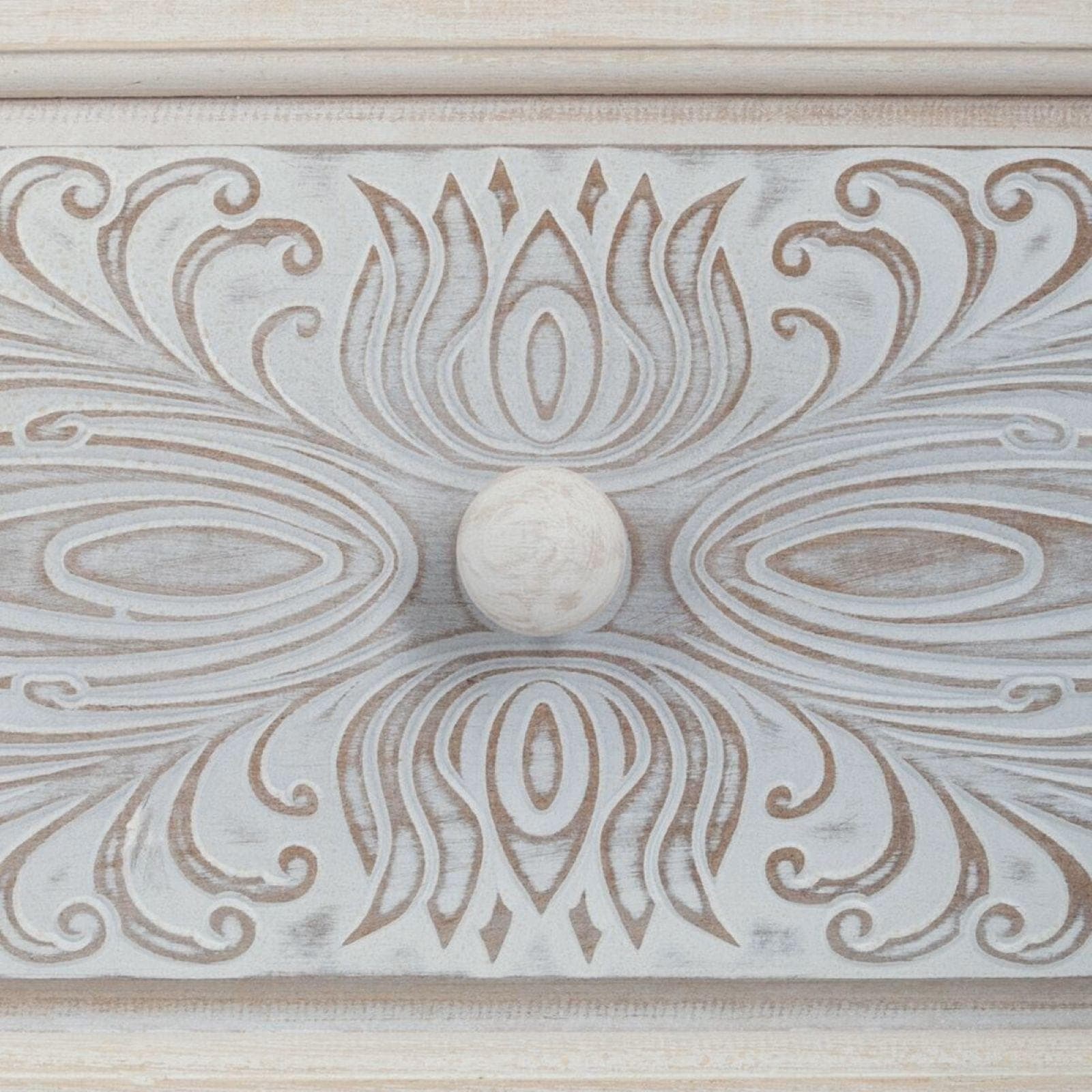Cassettiera 48x80h cm in legno sbiancato con 3 cassetti decorati - Leandro
