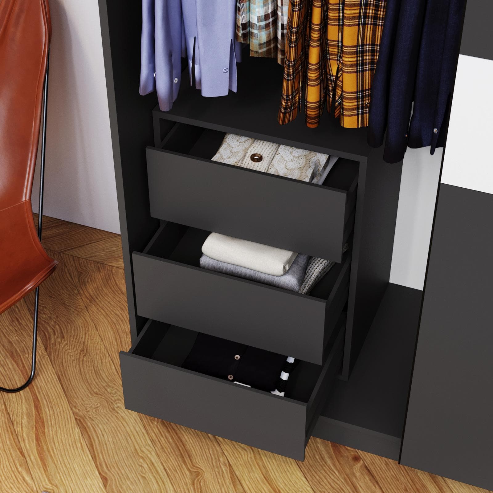 Cassettiera 50x70h cm per armadio scorrevole Essex antracite con 3 cassetti