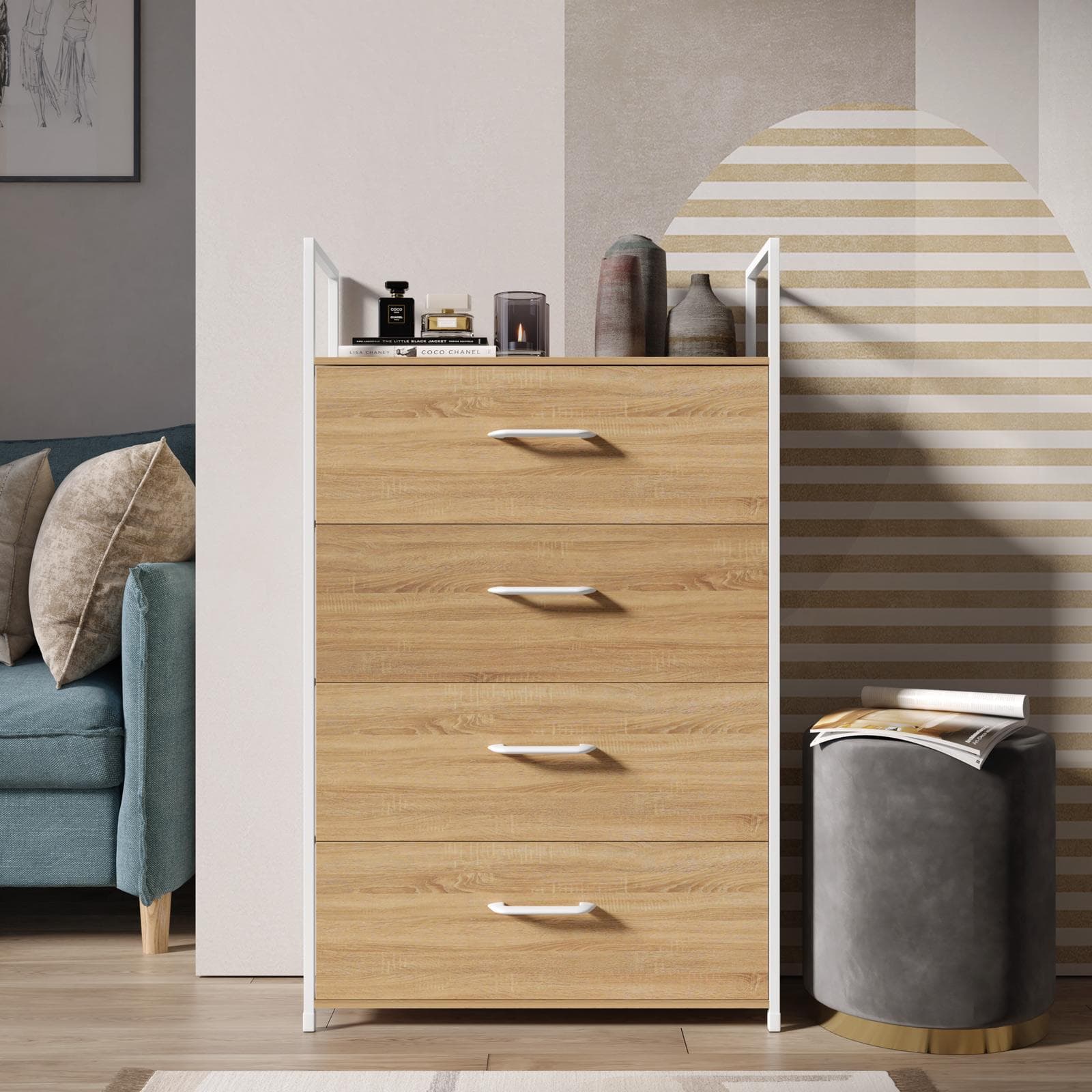 Cassettiera 60x100h cm effetto rovere pino con 4 cassetti in tessuto beige e struttura in acciaio bianco - Nuevo