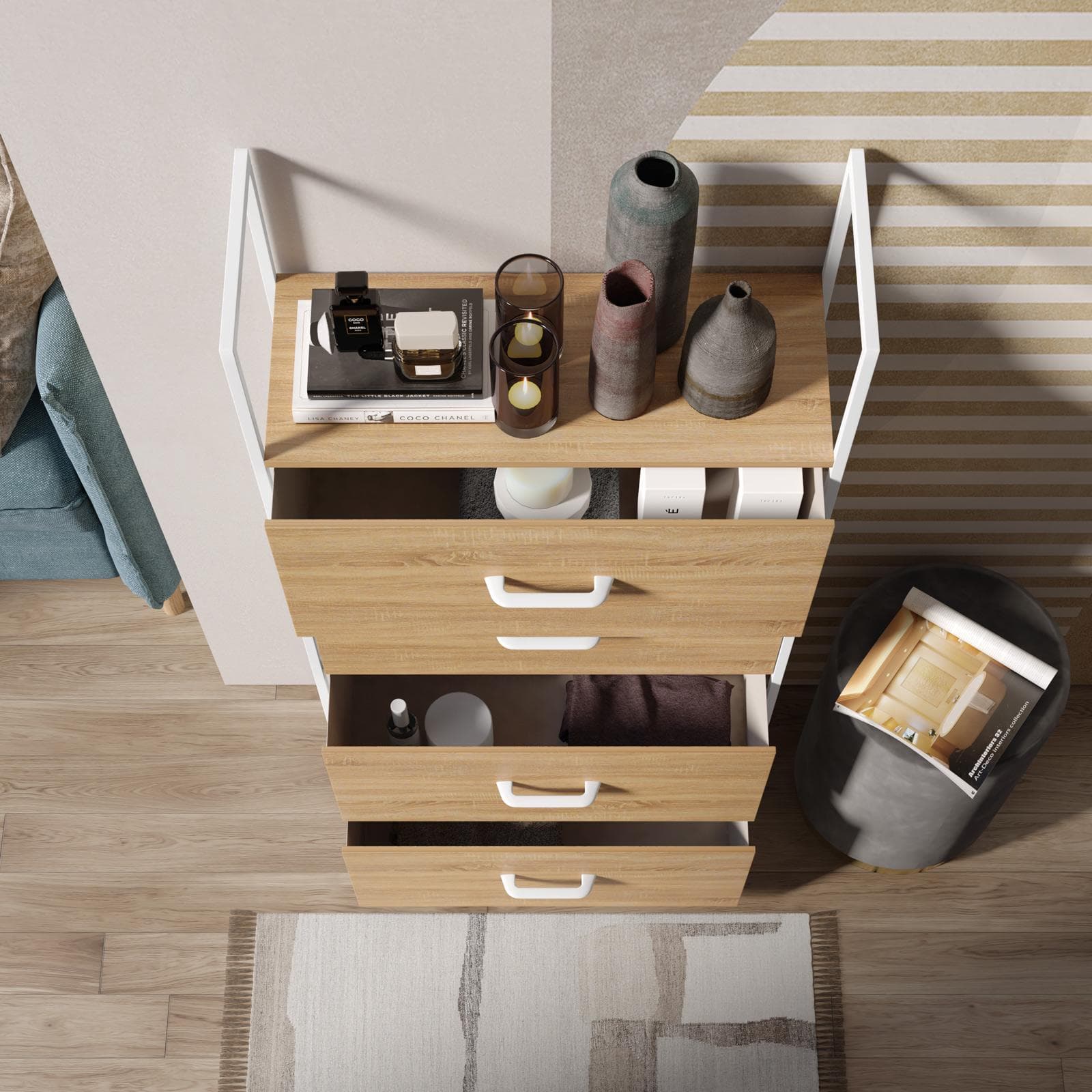 Cassettiera 60x100h cm effetto rovere pino con 4 cassetti in tessuto beige e struttura in acciaio bianco - Nuevo