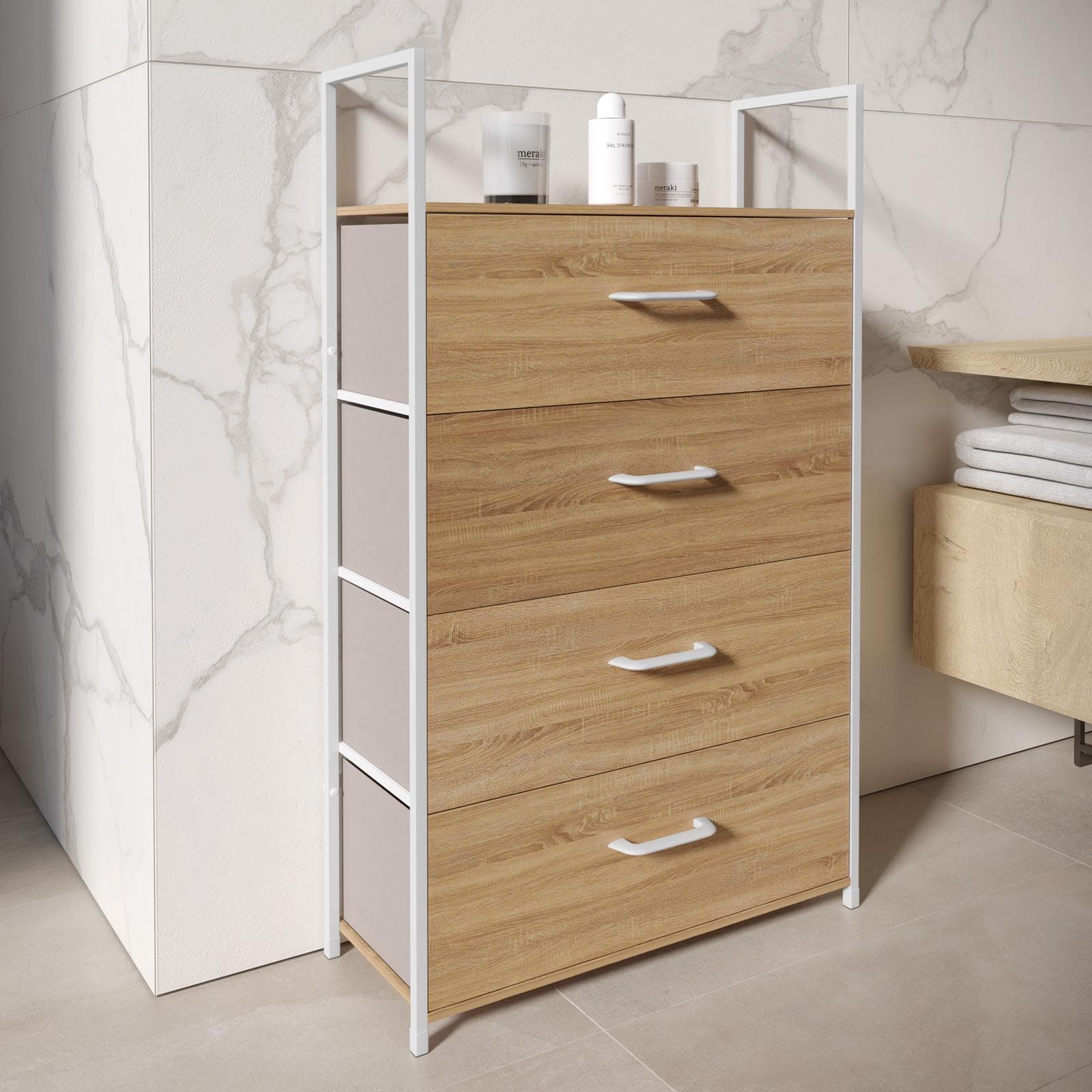 Cassettiera 60x100h cm effetto rovere pino con 4 cassetti in tessuto beige e struttura in acciaio bianco - Nuevo