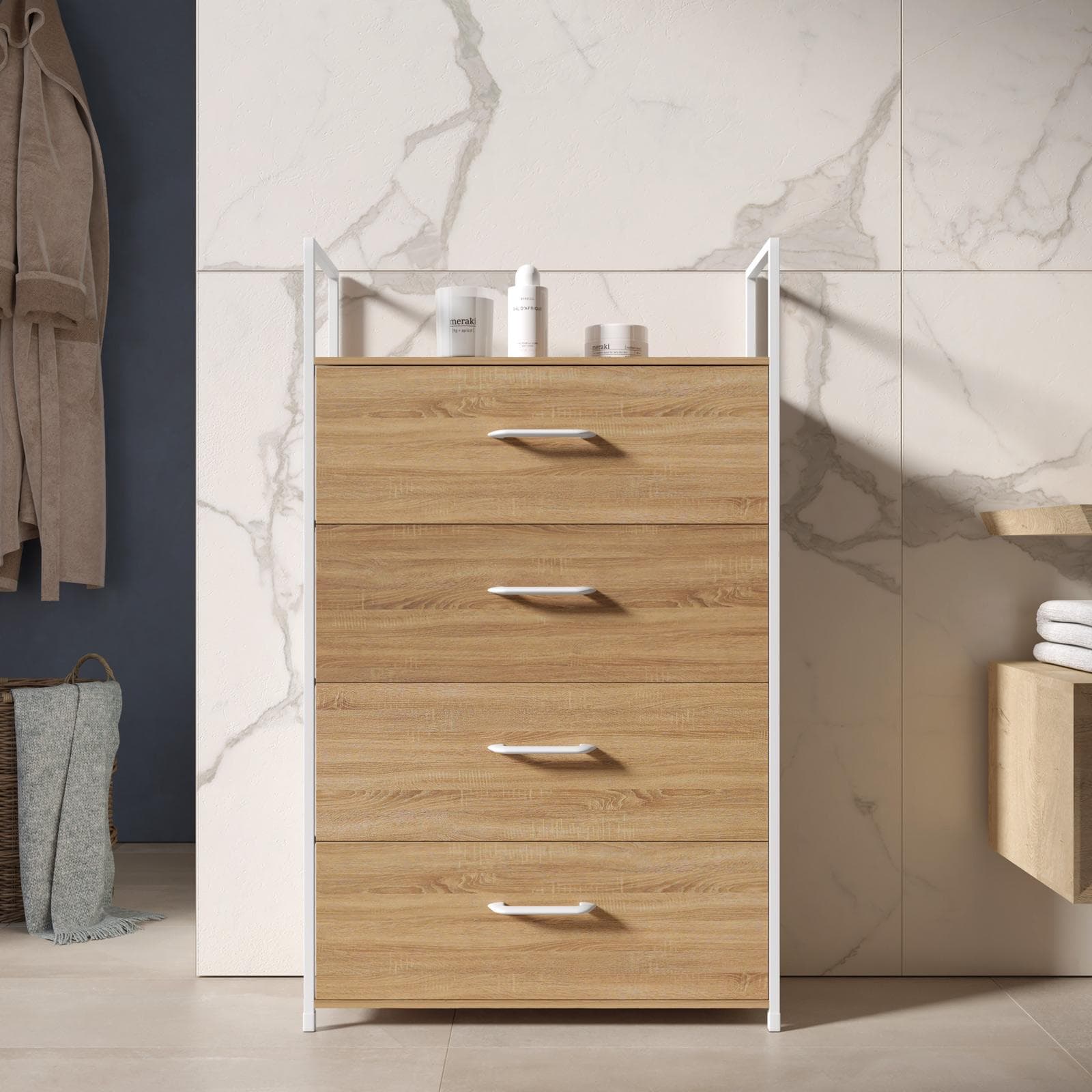 Cassettiera 60x100h cm effetto rovere pino con 4 cassetti in tessuto beige e struttura in acciaio bianco - Nuevo