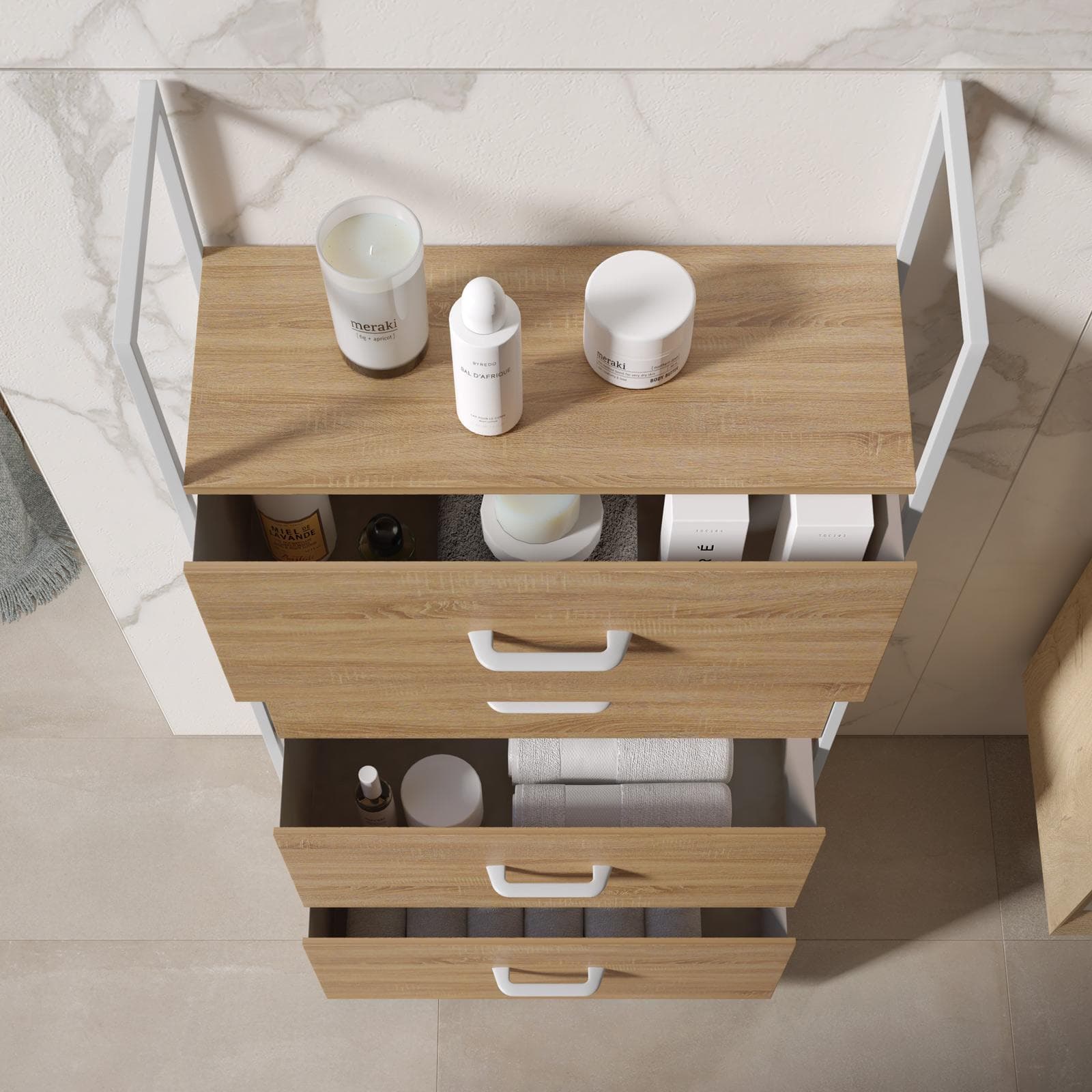 Cassettiera 60x100h cm effetto rovere pino con 4 cassetti in tessuto beige e struttura in acciaio bianco - Nuevo