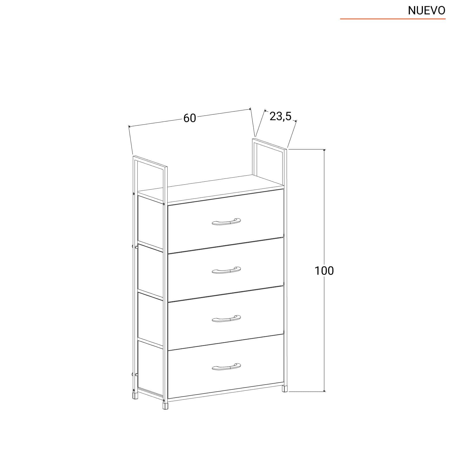 Cassettiera 60x100h cm effetto rovere pino con 4 cassetti in tessuto beige e struttura in acciaio bianco - Nuevo