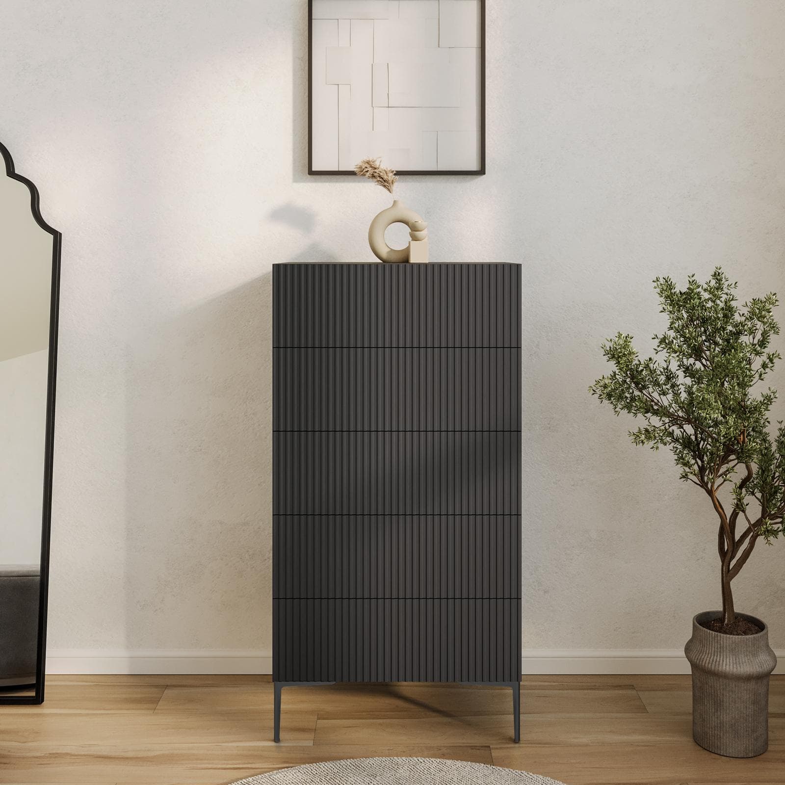 Cassettiera 60x115h cm antracite con 5 cassetti soft close canettati e piedi in metallo nero - Judith