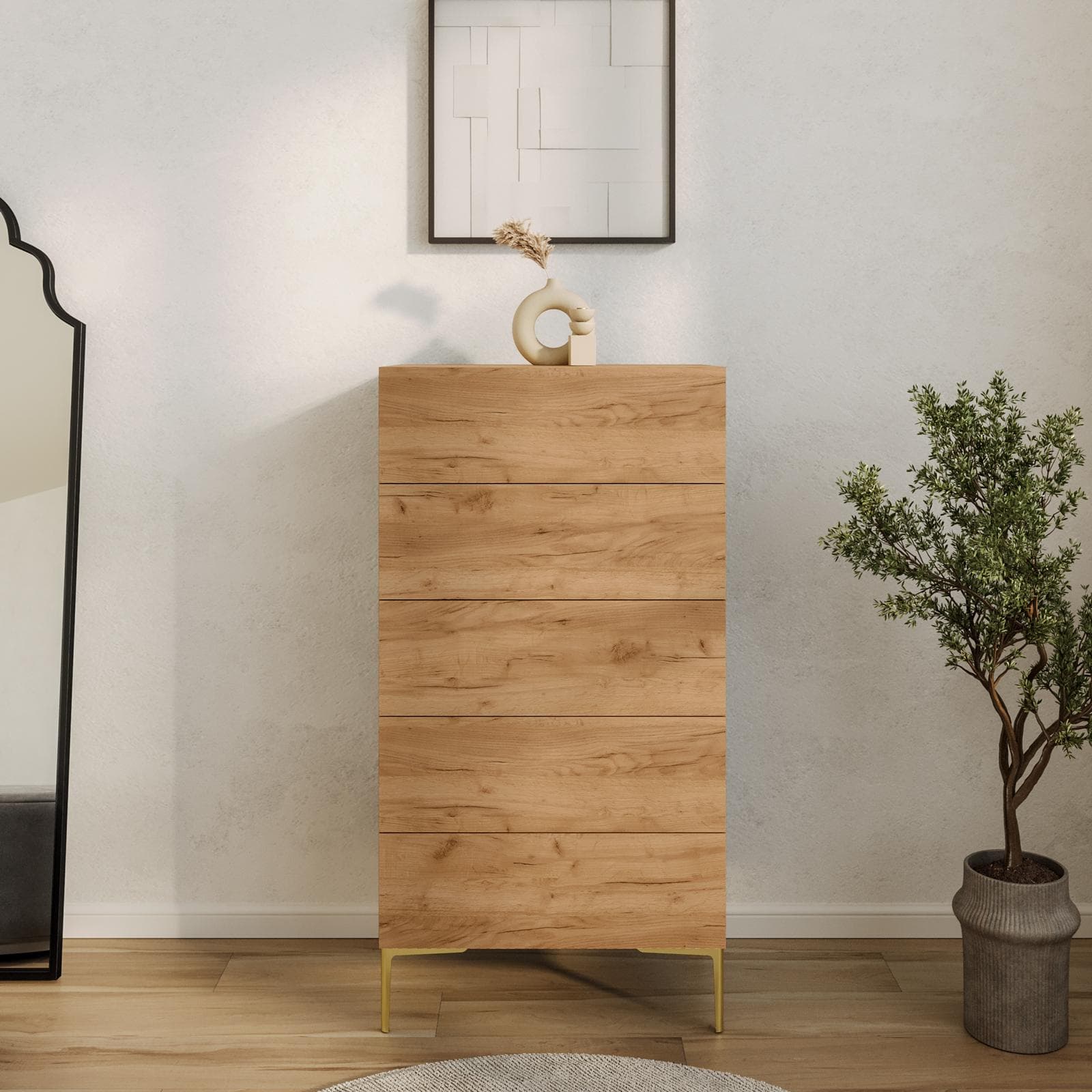 Cassettiera 60x115h cm rovere gold con 5 cassetti soft close e piedi in metallo oro - Judith