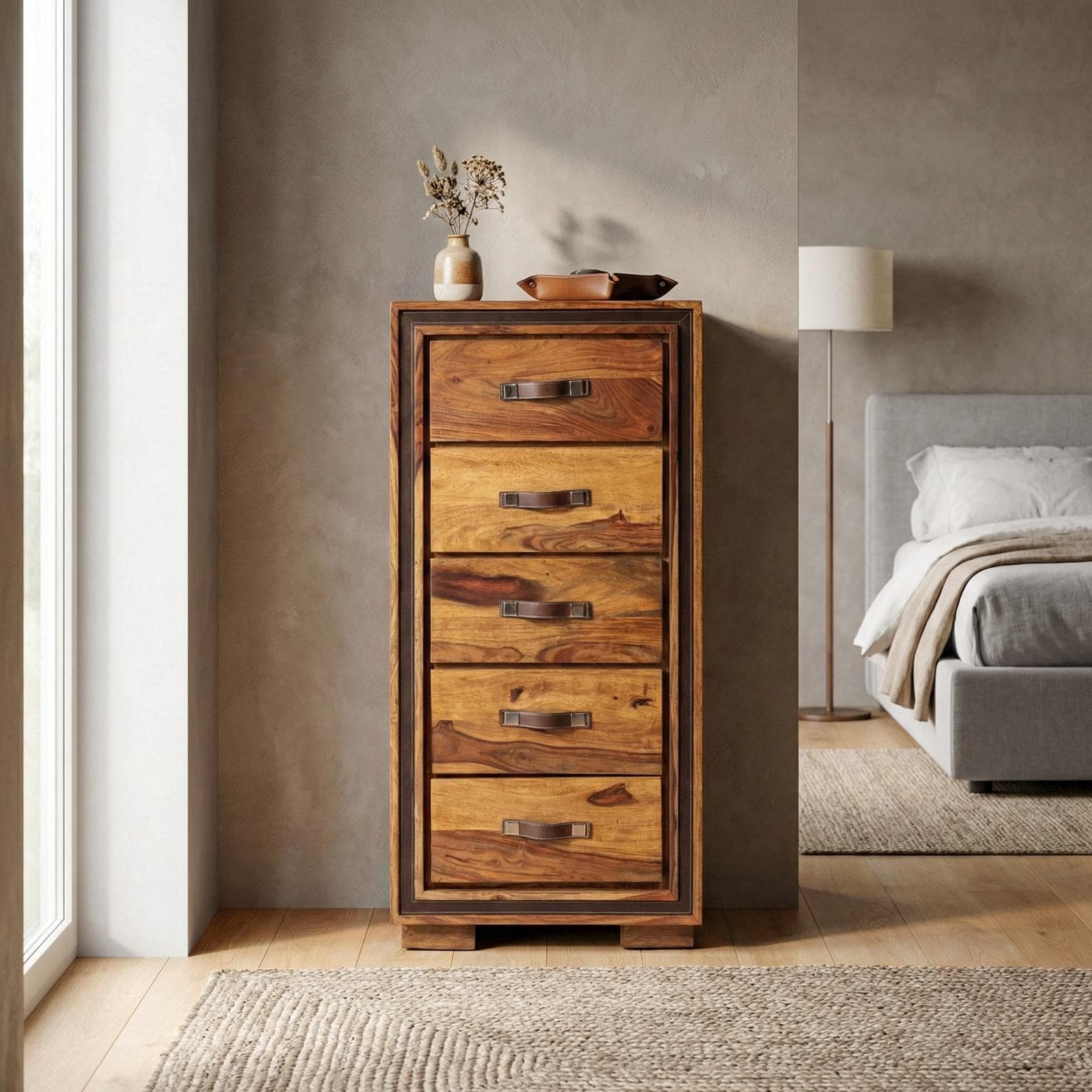 Cassettiera 60x126h cm in legno con 5 cassetti - Freia Sheesham