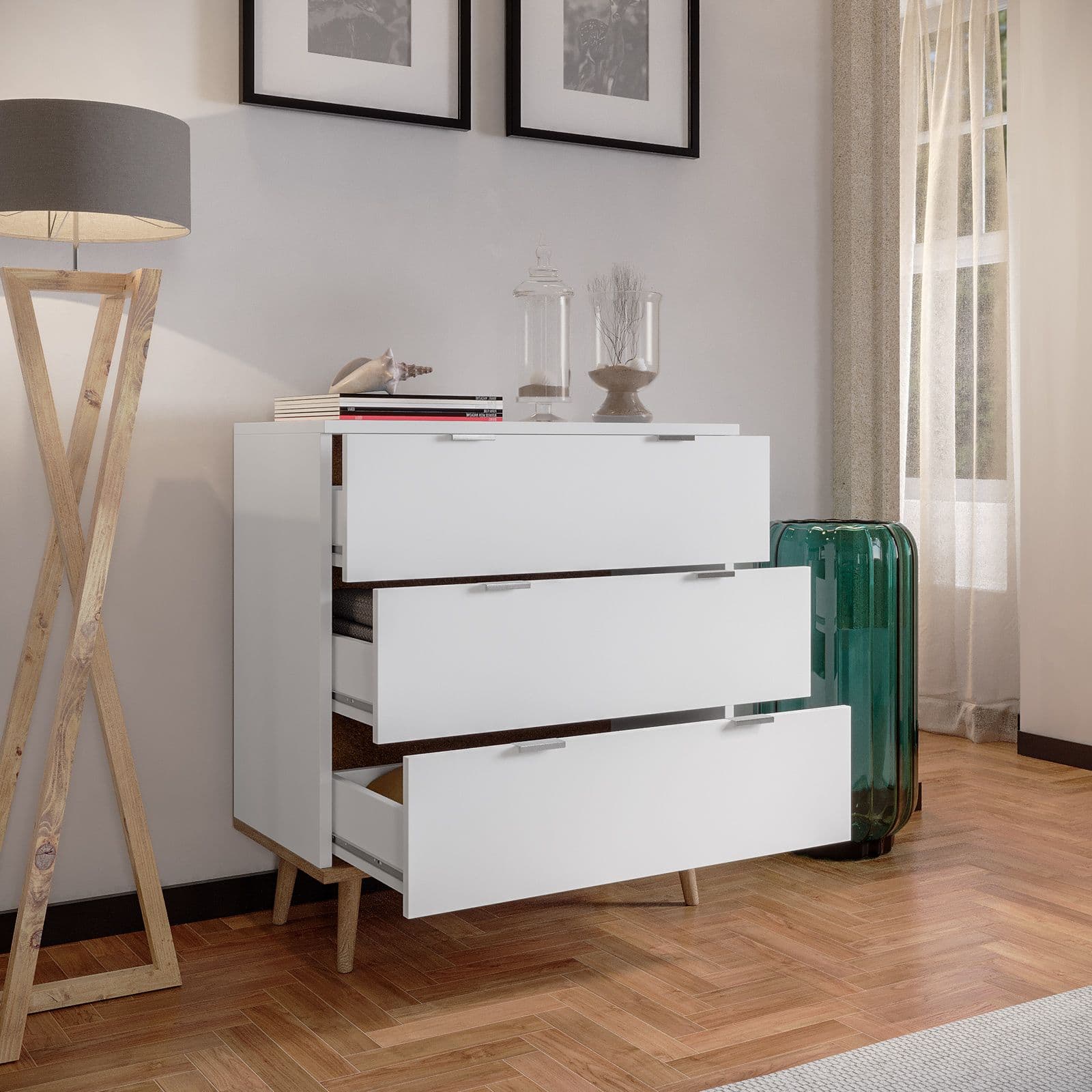 Cassettiera 80x87h cm in legno bianco e rovere sonoma con 3 cassetti - Holberg