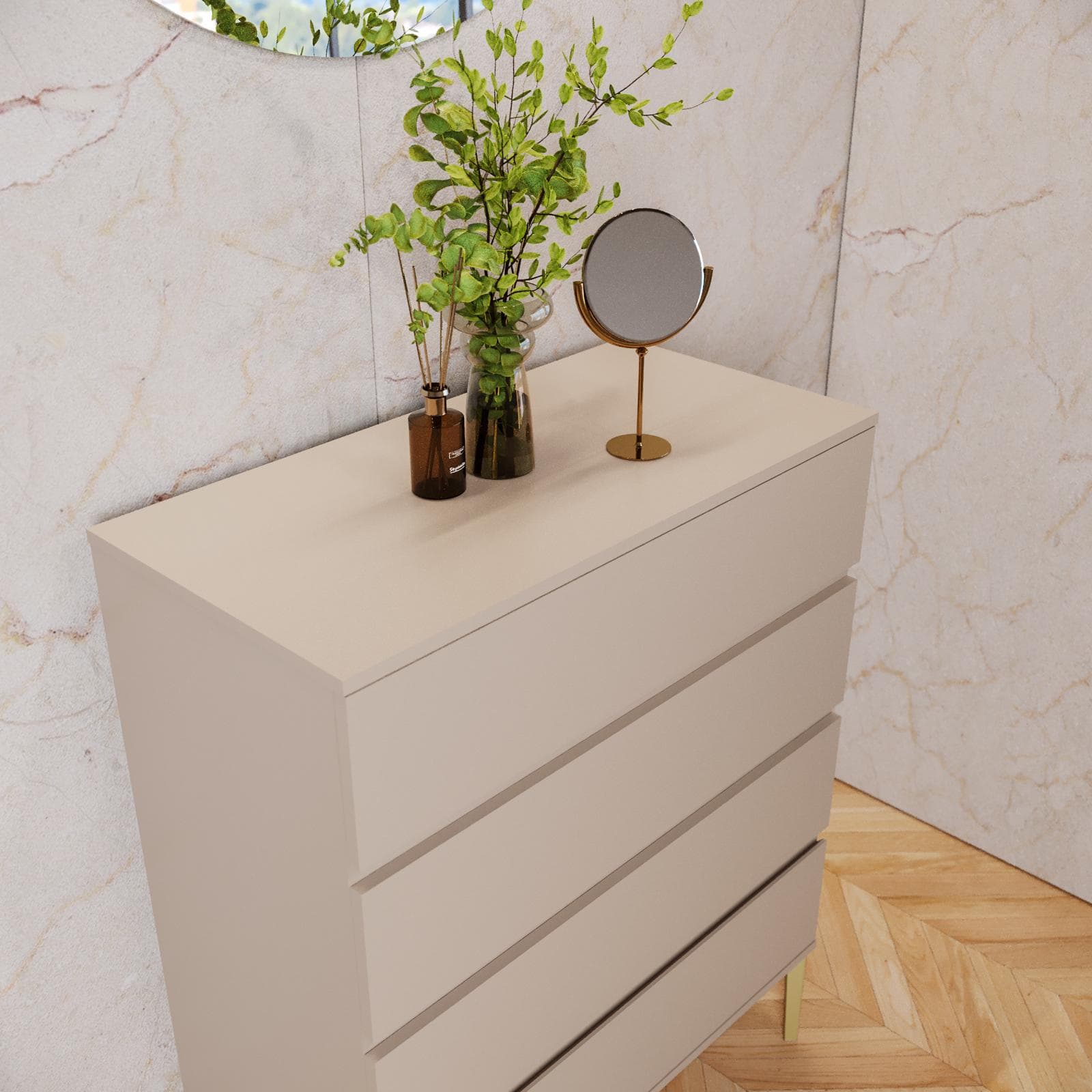 Cassettiera 80x100h cm con 4 cassetti soft close cashmere e piedi oro opaco - Kreativo