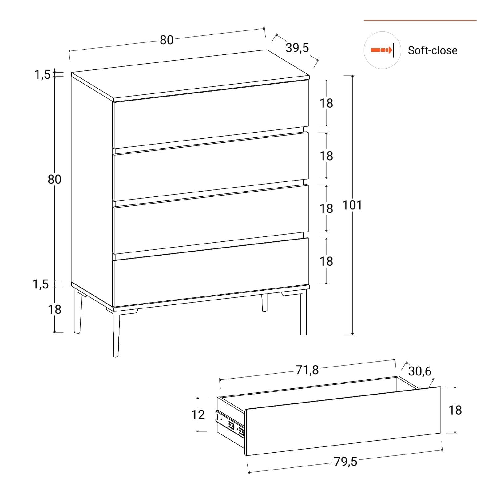 Cassettiera 80x100h cm con 4 cassetti soft close cashmere e piedi oro opaco - Kreativo