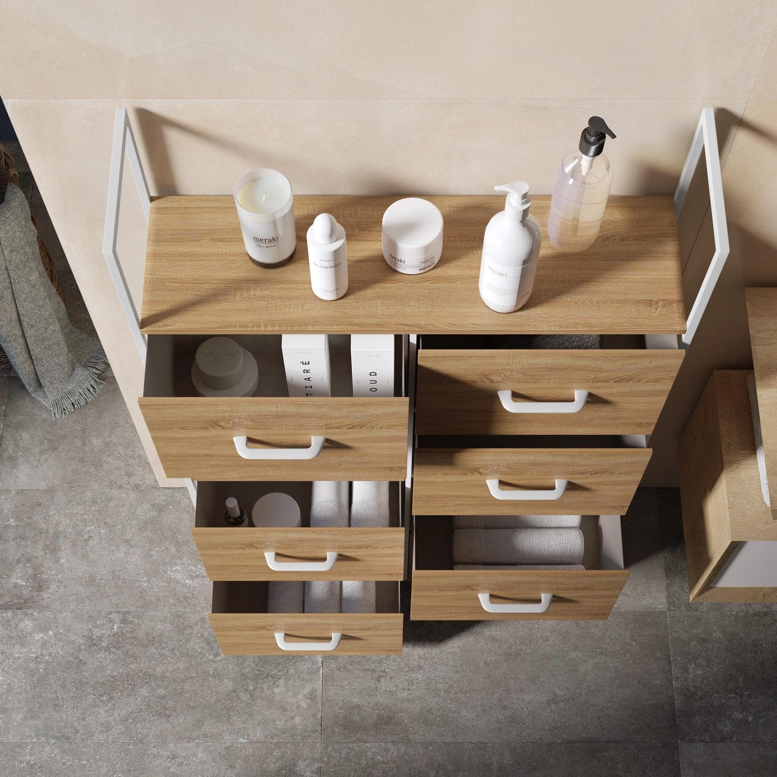 Cassettiera 80x100h cm effetto rovere pino con 8 cassetti in tessuto beige e struttura in acciaio bianco - Nuevo