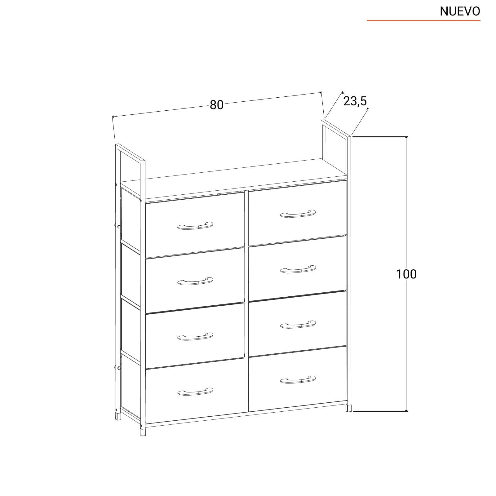 Cassettiera 80x100h cm effetto rovere pino con 8 cassetti in tessuto beige e struttura in acciaio bianco - Nuevo