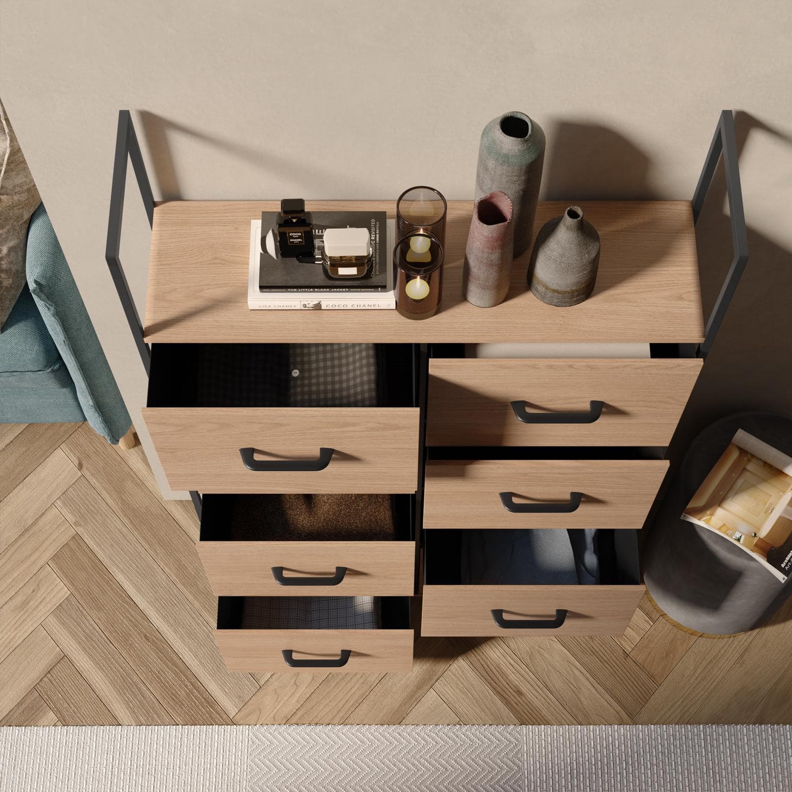 Cassettiera 80x100h cm effetto rovere selvatico con 8 cassetti in tessuto e struttura in acciaio nero - Nuevo