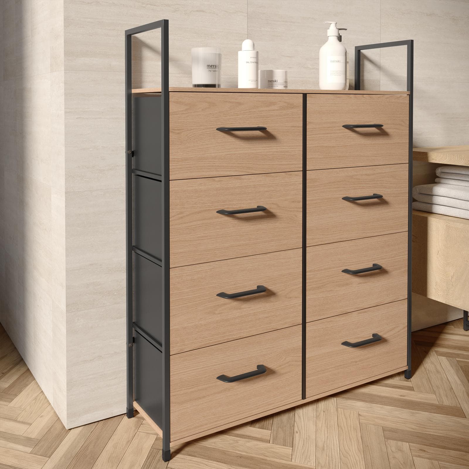 Cassettiera 80x100h cm effetto rovere selvatico con 8 cassetti in tessuto e struttura in acciaio nero - Nuevo